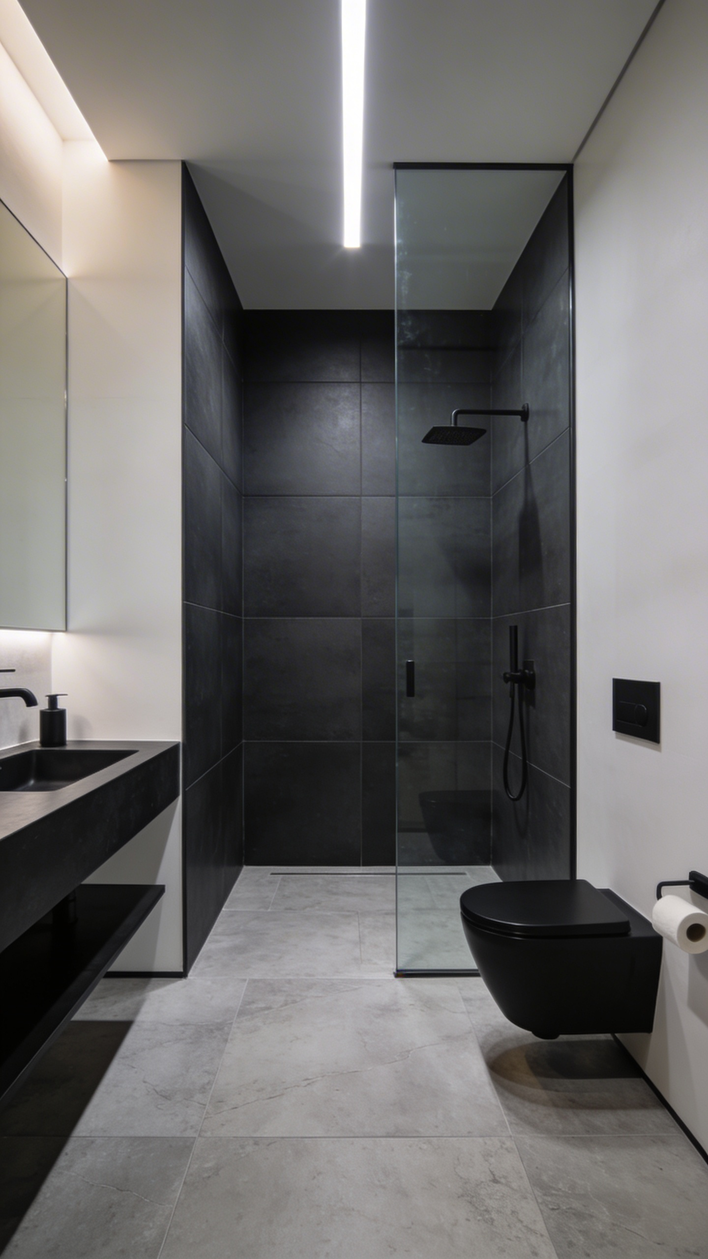 A modern bathroom design featuring a matte charcoal shower alcove that utilizes deep color theory to create a receding wall effect and visual depth.