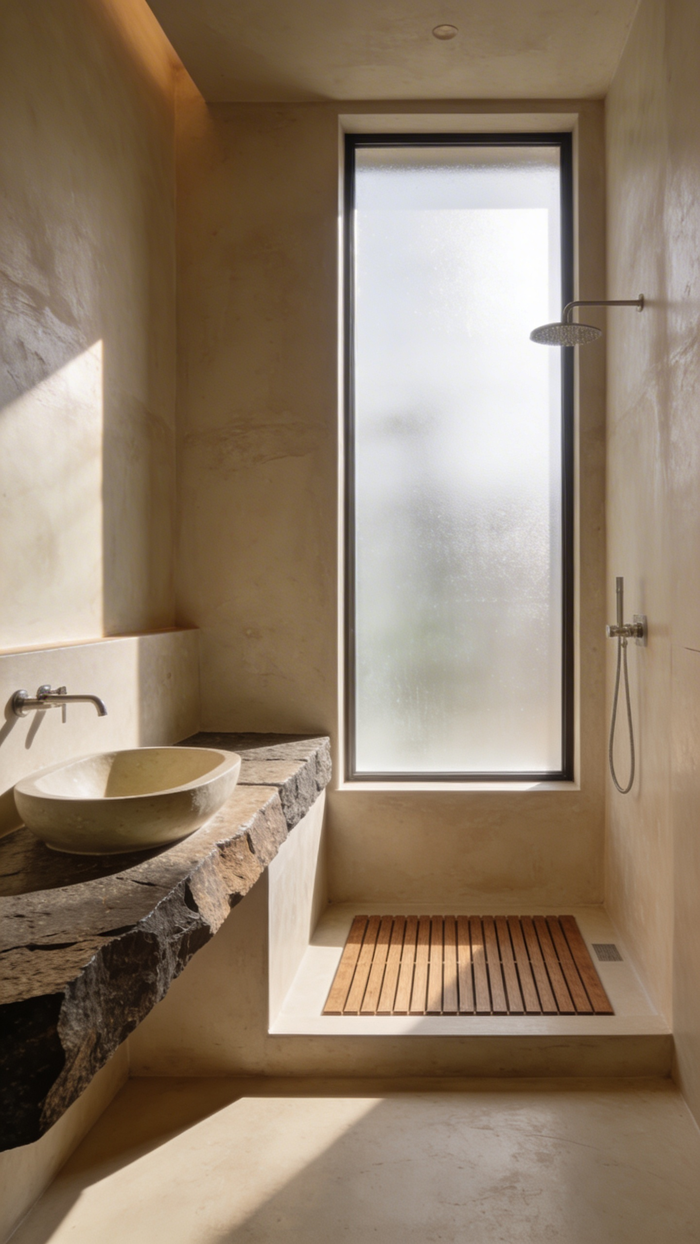 High-end bathroom interior featuring seamless Tadelakt plaster walls and natural stone elements for a tactile and sophisticated design.