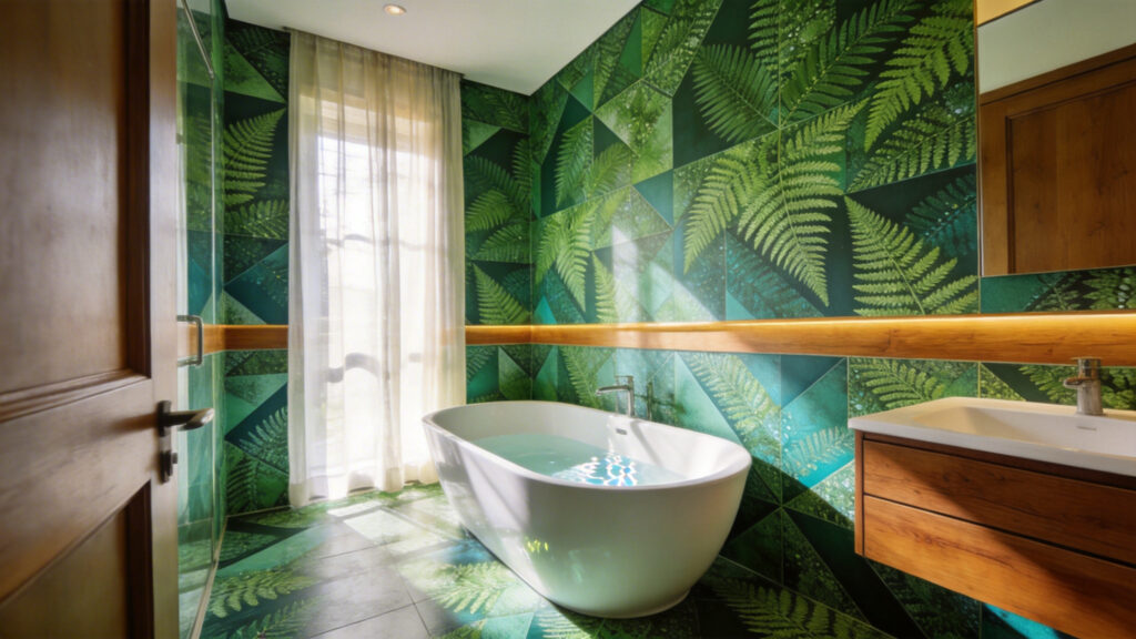 Modern bathroom featuring green botanical fractal wallpaper.