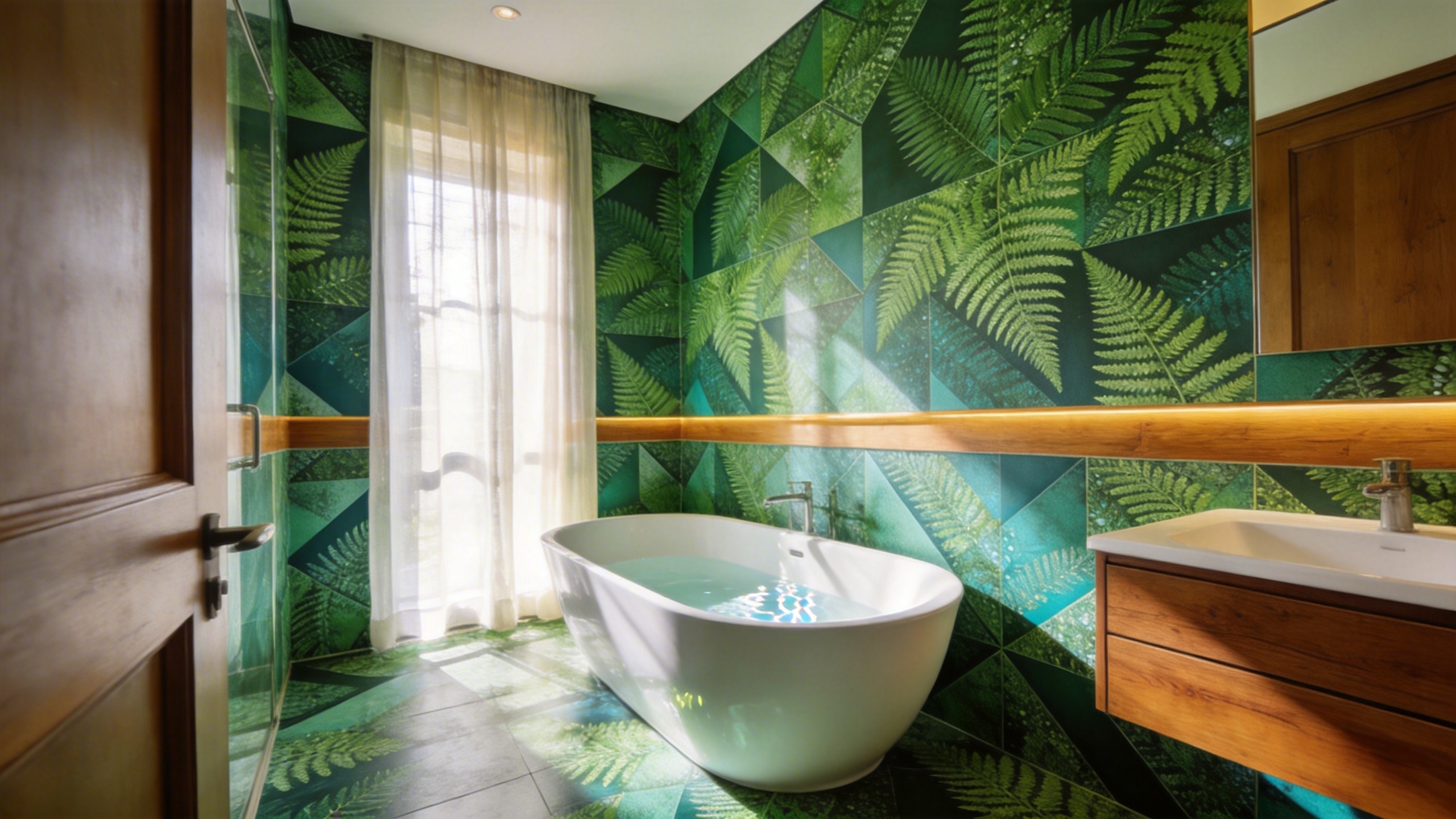 Modern bathroom featuring green botanical fractal wallpaper.