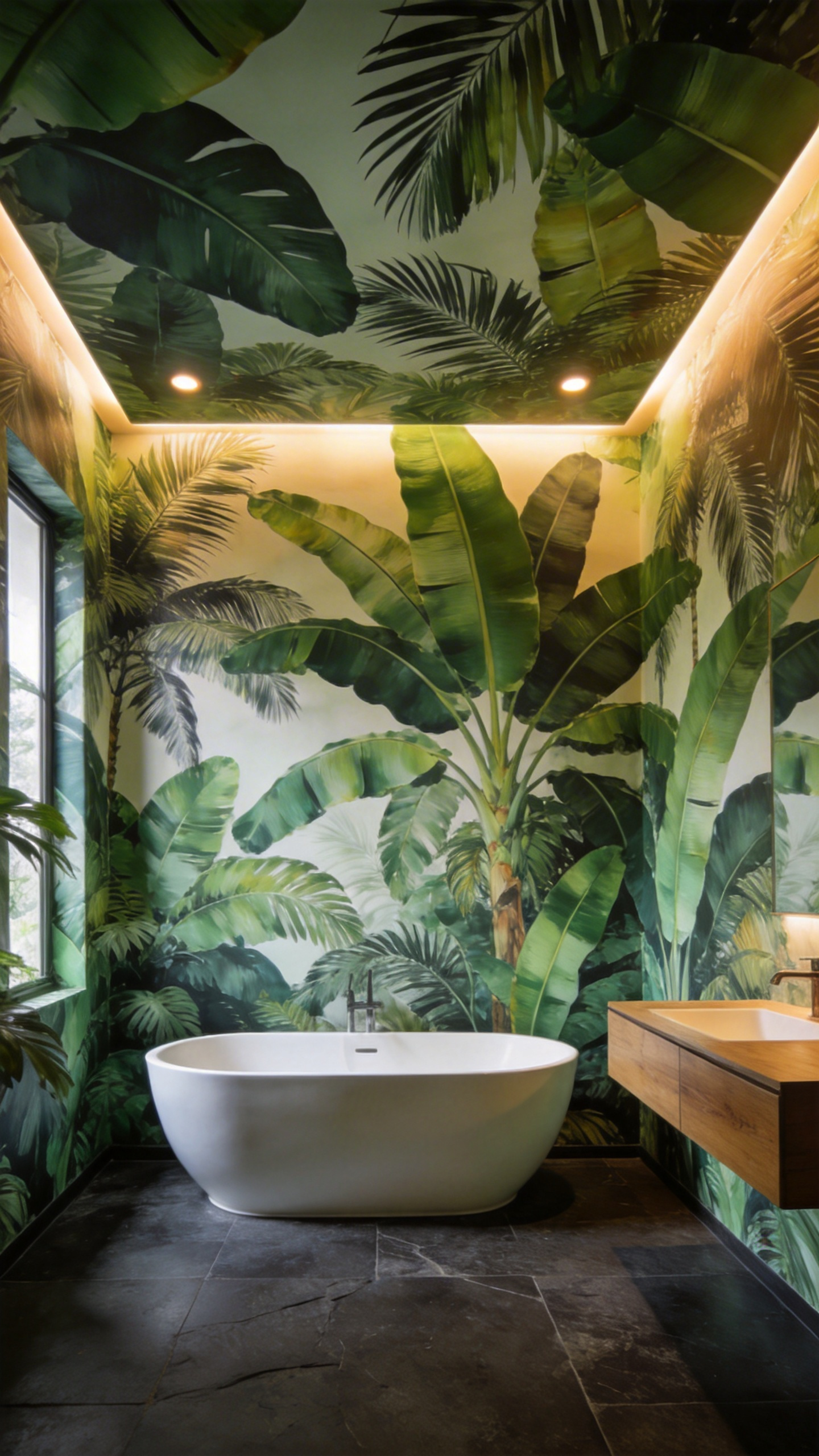 A modern windowless bathroom featuring oversized tropical leaf wallpaper and a white freestanding bathtub under soft recessed lighting.