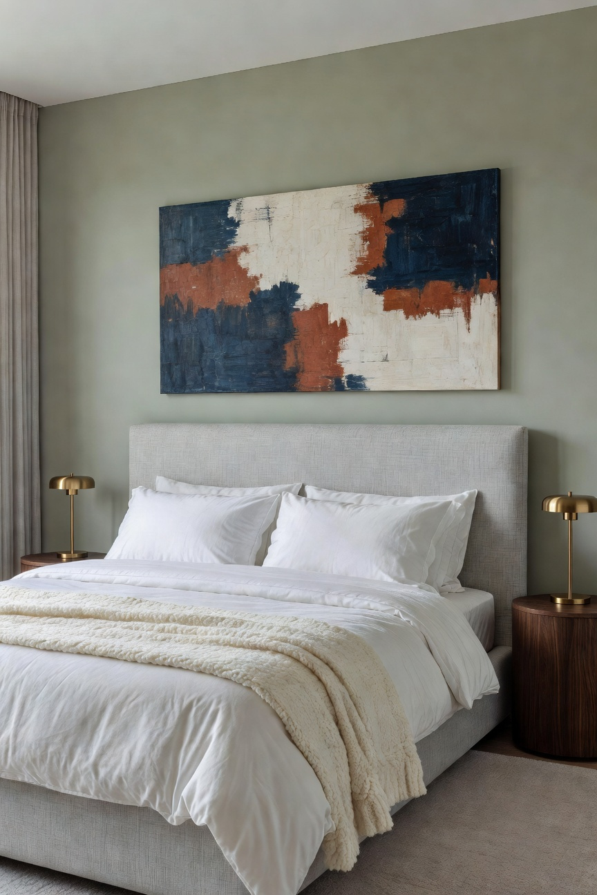 A modern bedroom showing a large abstract painting properly scaled above a tall linen headboard, demonstrating correct art placement proportions in relation to the bed width.