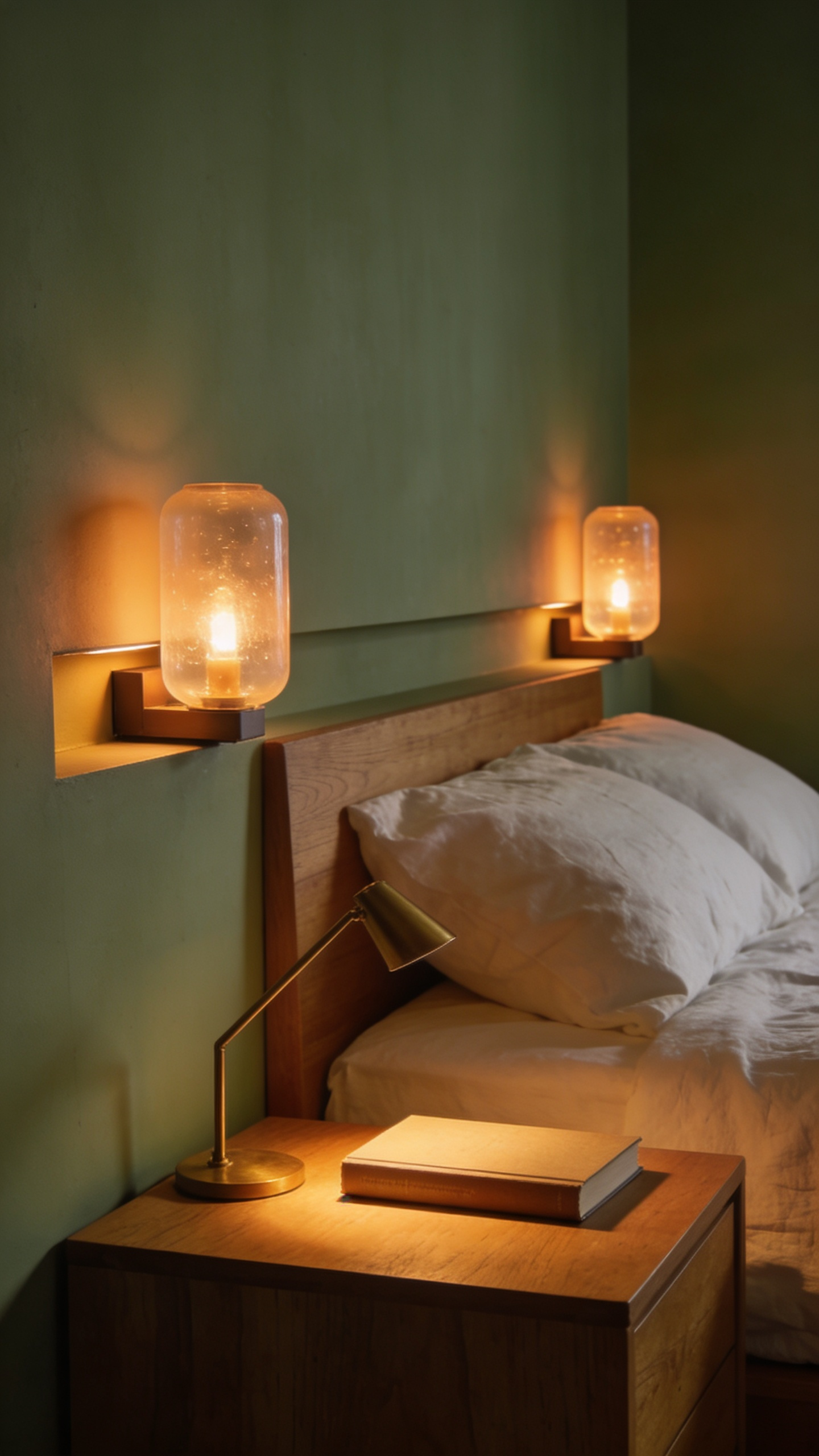 A tranquil bedroom designed for digital detox featuring ultra-warm, deep amber non-blue light sources from low wall sconces, creating a comforting and melatonin-friendly evening atmosphere.