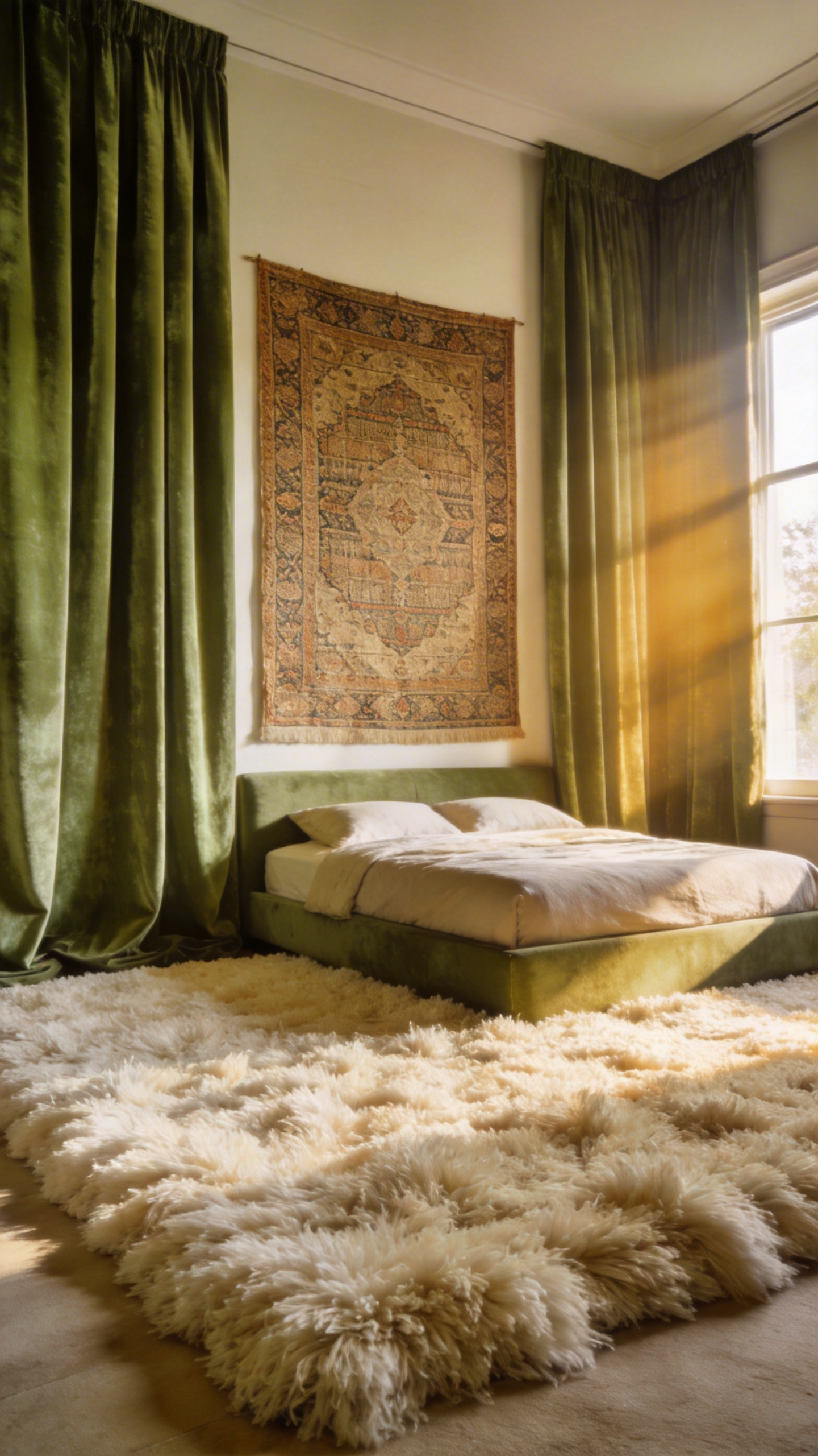 A peaceful master bedroom featuring a thick high-pile rug and decorative wall textiles designed for sound absorption and acoustic dampening.