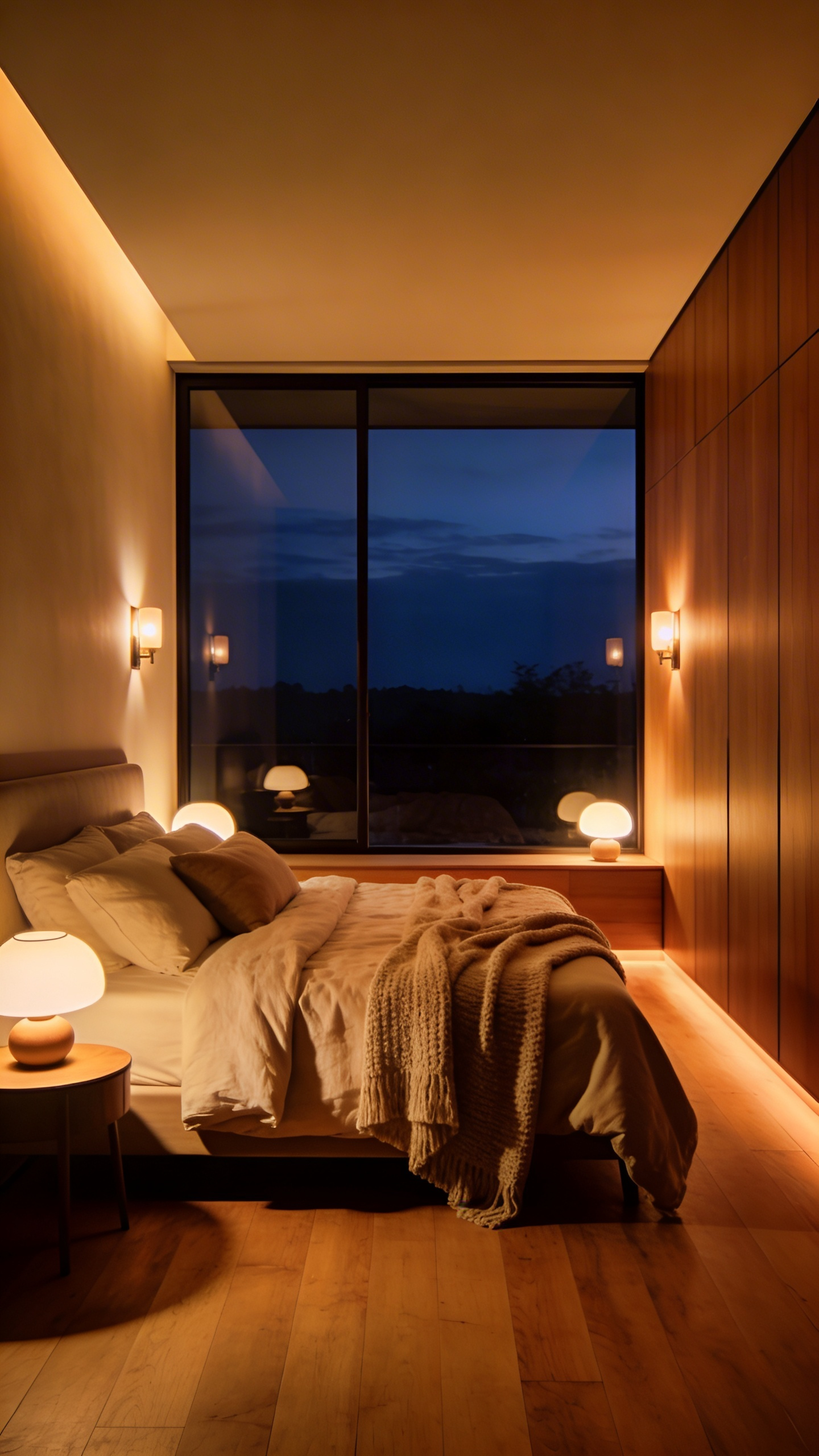 A wide shot of a cozy bedroom with warm golden lighting and plush bedding to create a restful environment.