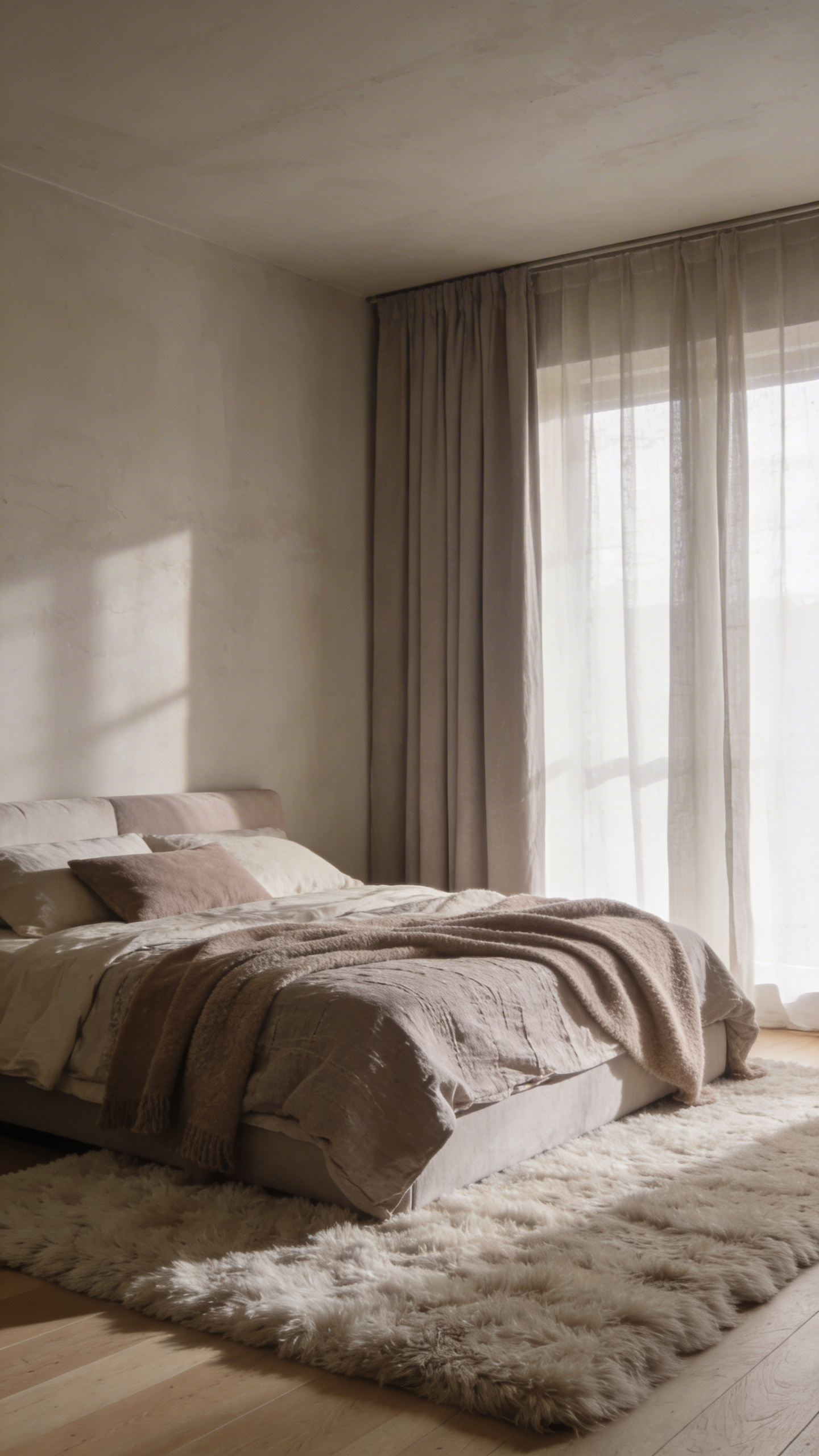 A wide-angle view of a cozy bedroom with a low-contrast monochromatic color palette in shades of cream and taupe to reduce visual noise.