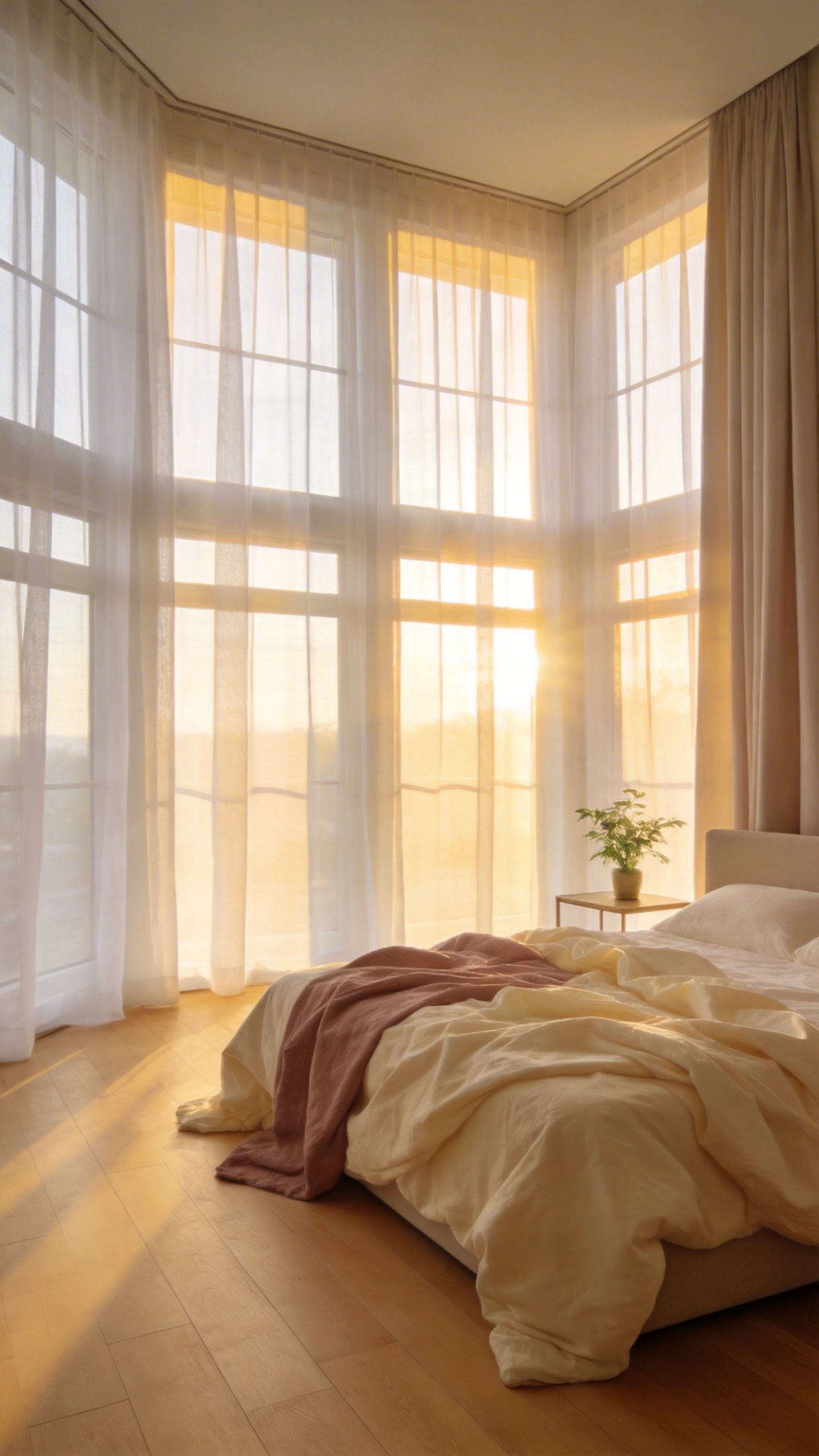 A cozy bedroom with soft morning light filtering through layered sheer white curtains onto a plush unmade bed.