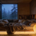 A cozy bedroom inspiration featuring a nest-like bed with thick blankets and warm lighting, designed as a psychological refuge with a view of a misty forest.