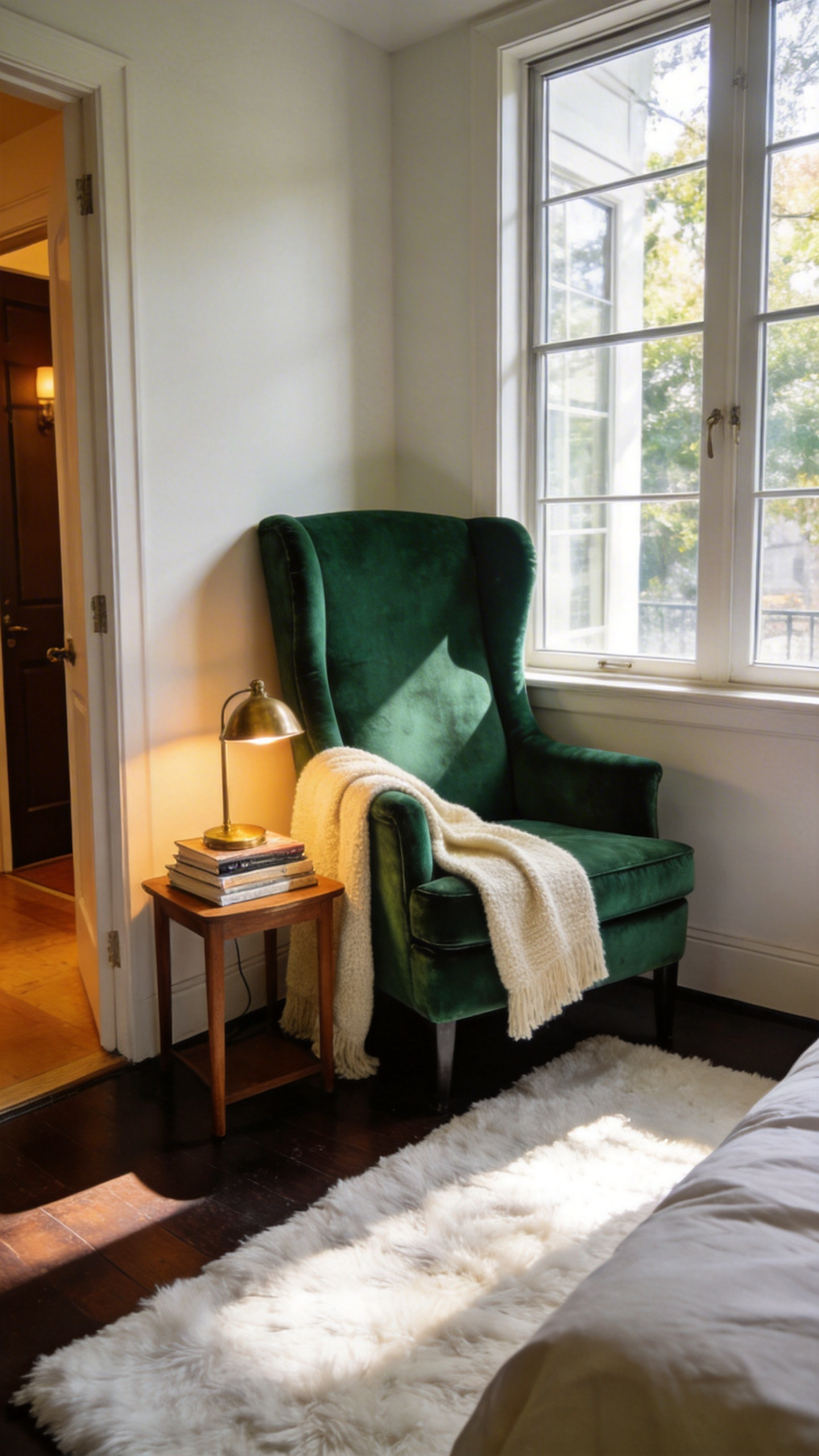 A cozy bedroom reading nook featuring a high-backed green armchair positioned in a corner to provide a sense of security and a view of the room.