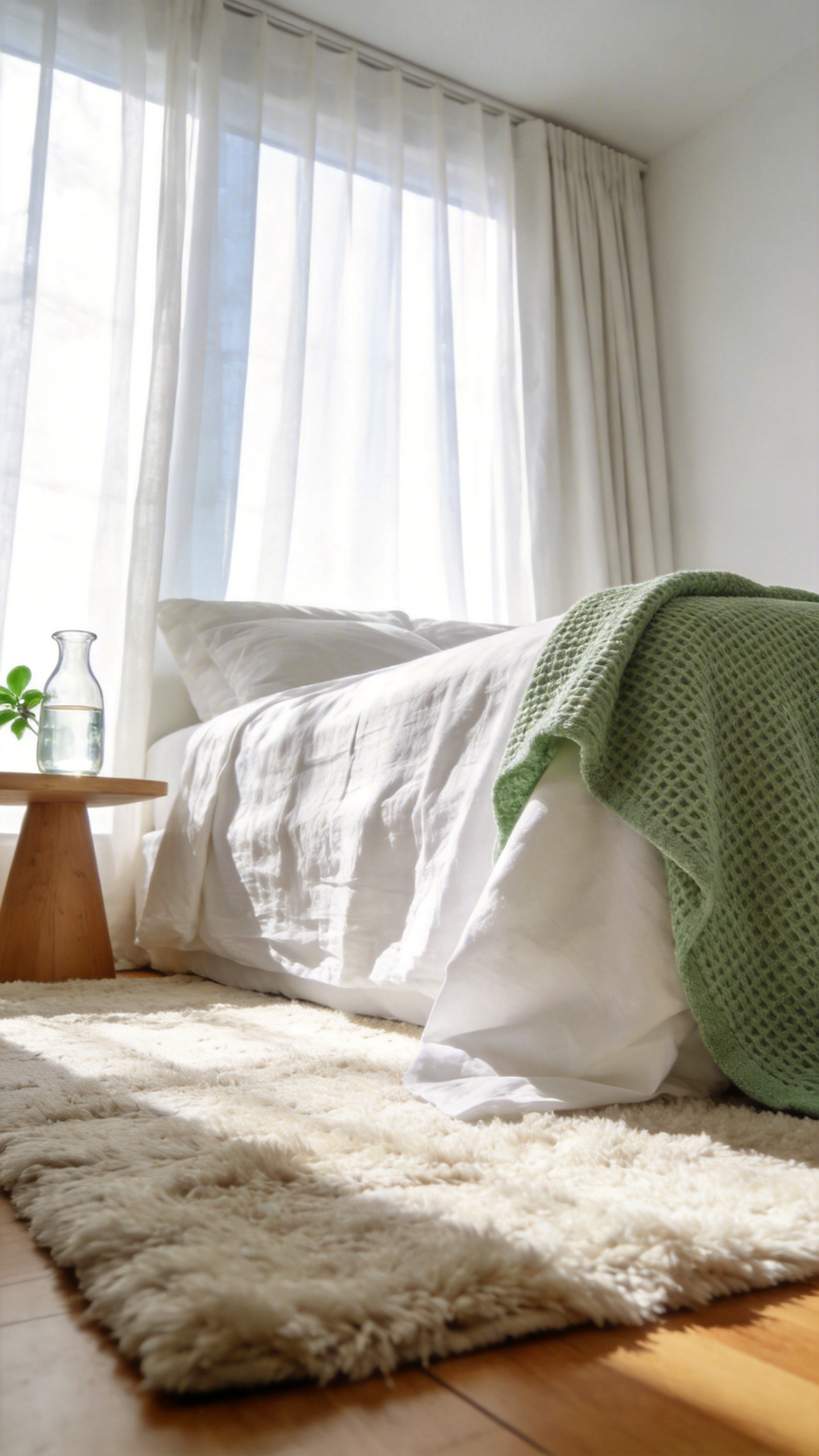 A sunlit cozy bedroom with layered linen and cotton bedding showcasing seasonal textural rotation for year-round comfort.