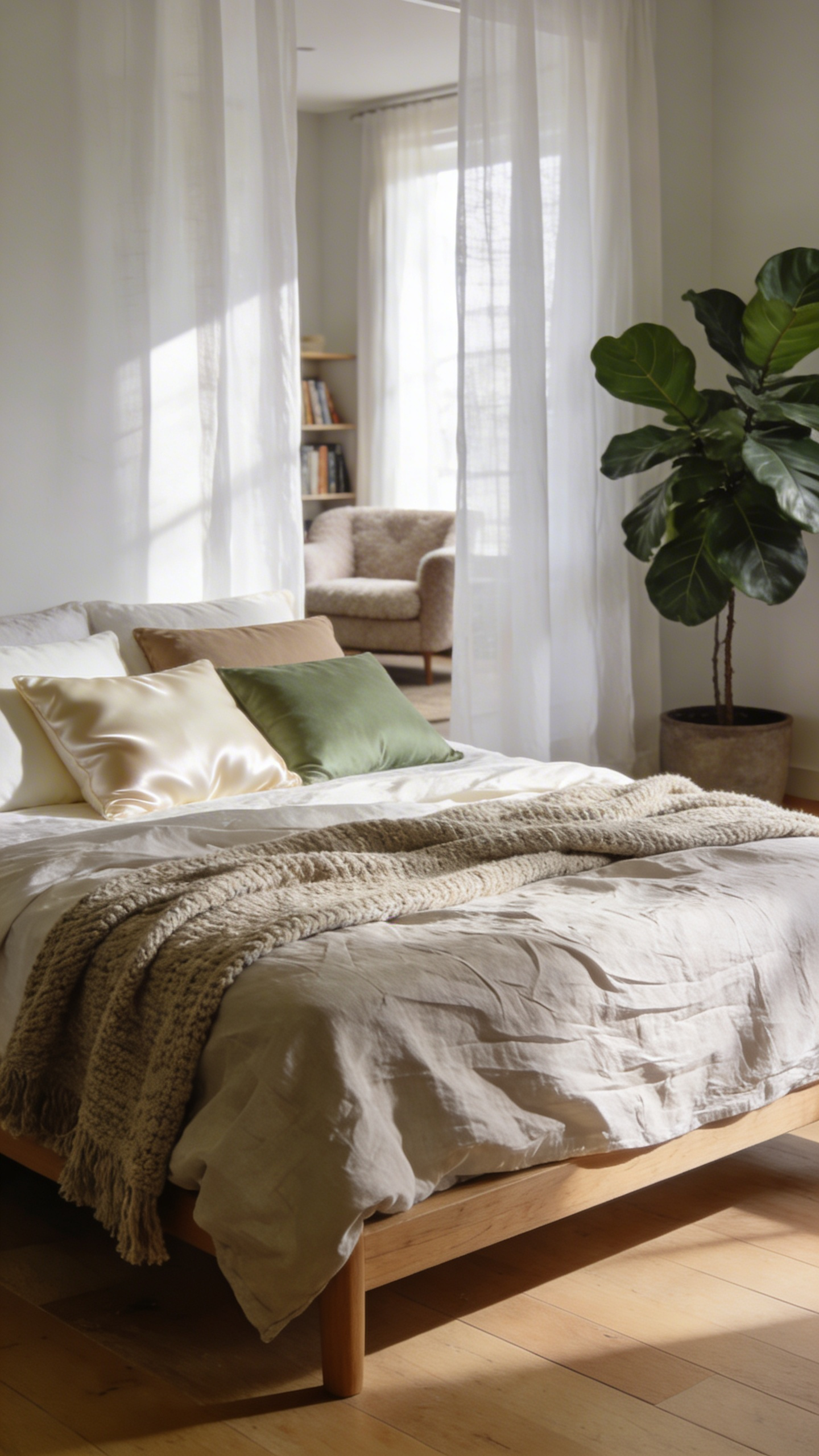 A cozy bedroom scene featuring layered linen and silk bedding in neutral tones illuminated by soft natural sunlight.
