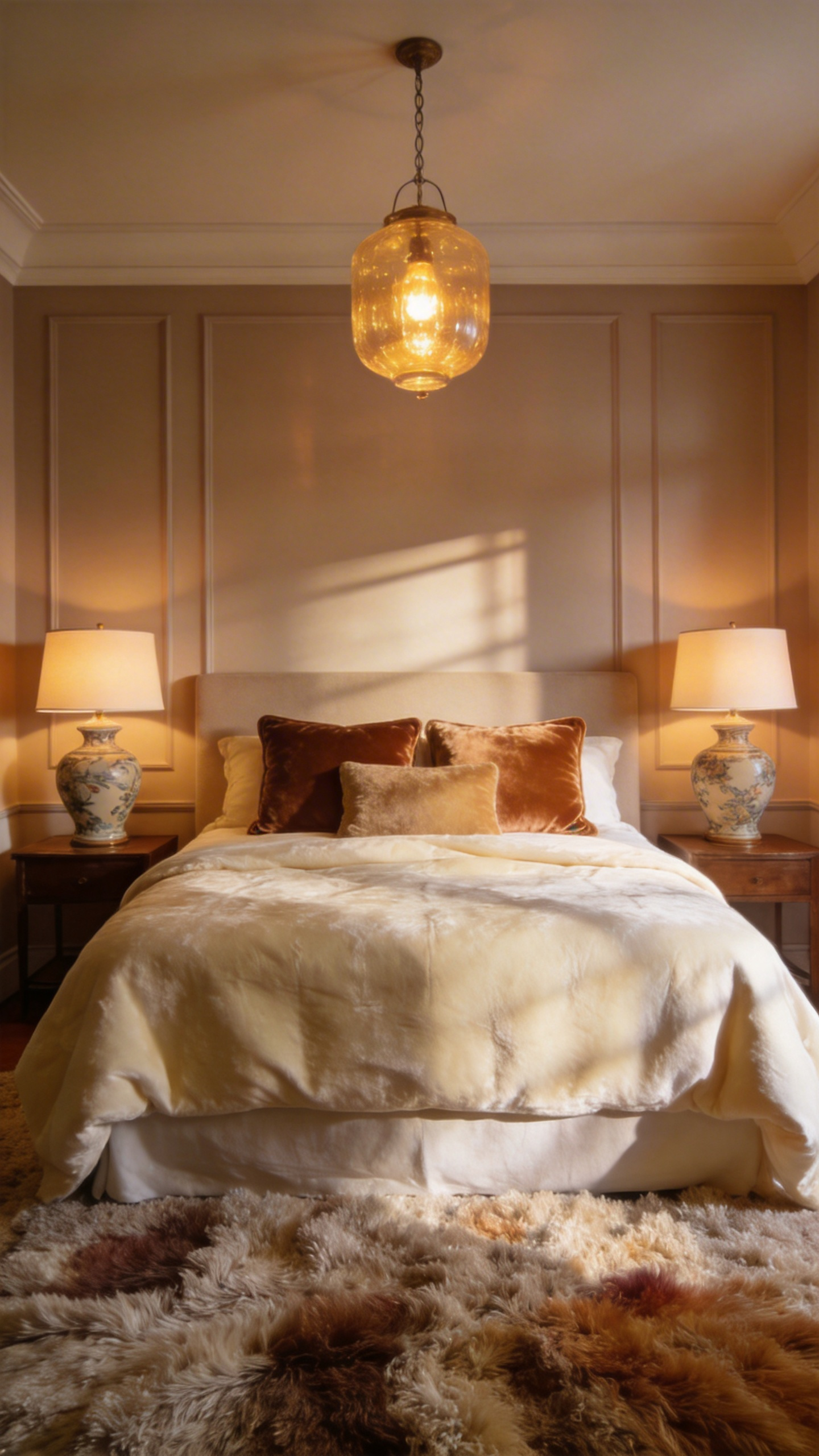 A high-end bedroom scene featuring 2700K warm amber lighting and plush furniture for a cozy atmosphere.