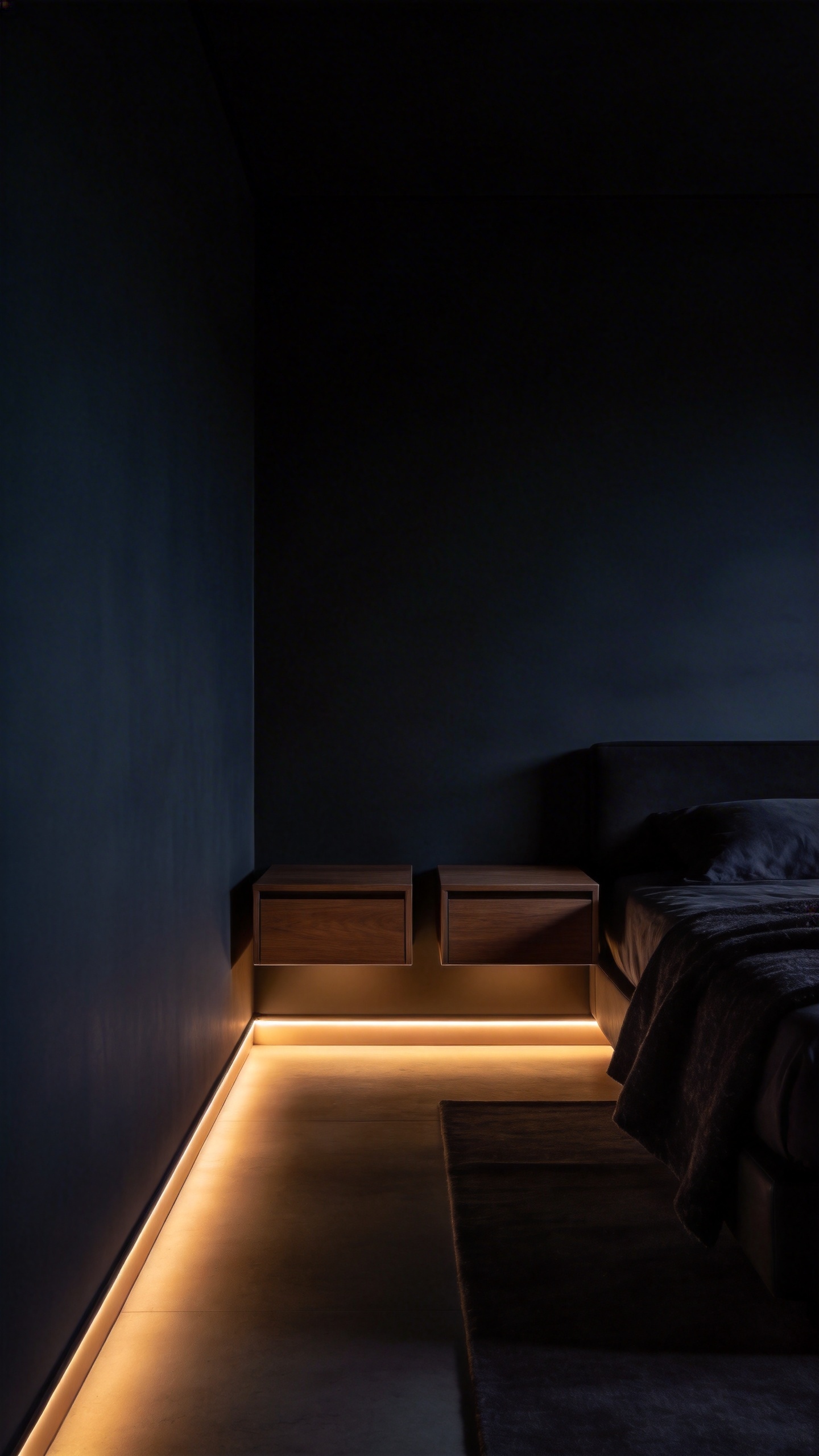 A dark, modern bedroom featuring ultra-low-intensity warm lighting under floating nightstands and toe-kick cove lighting for safe nighttime navigation.