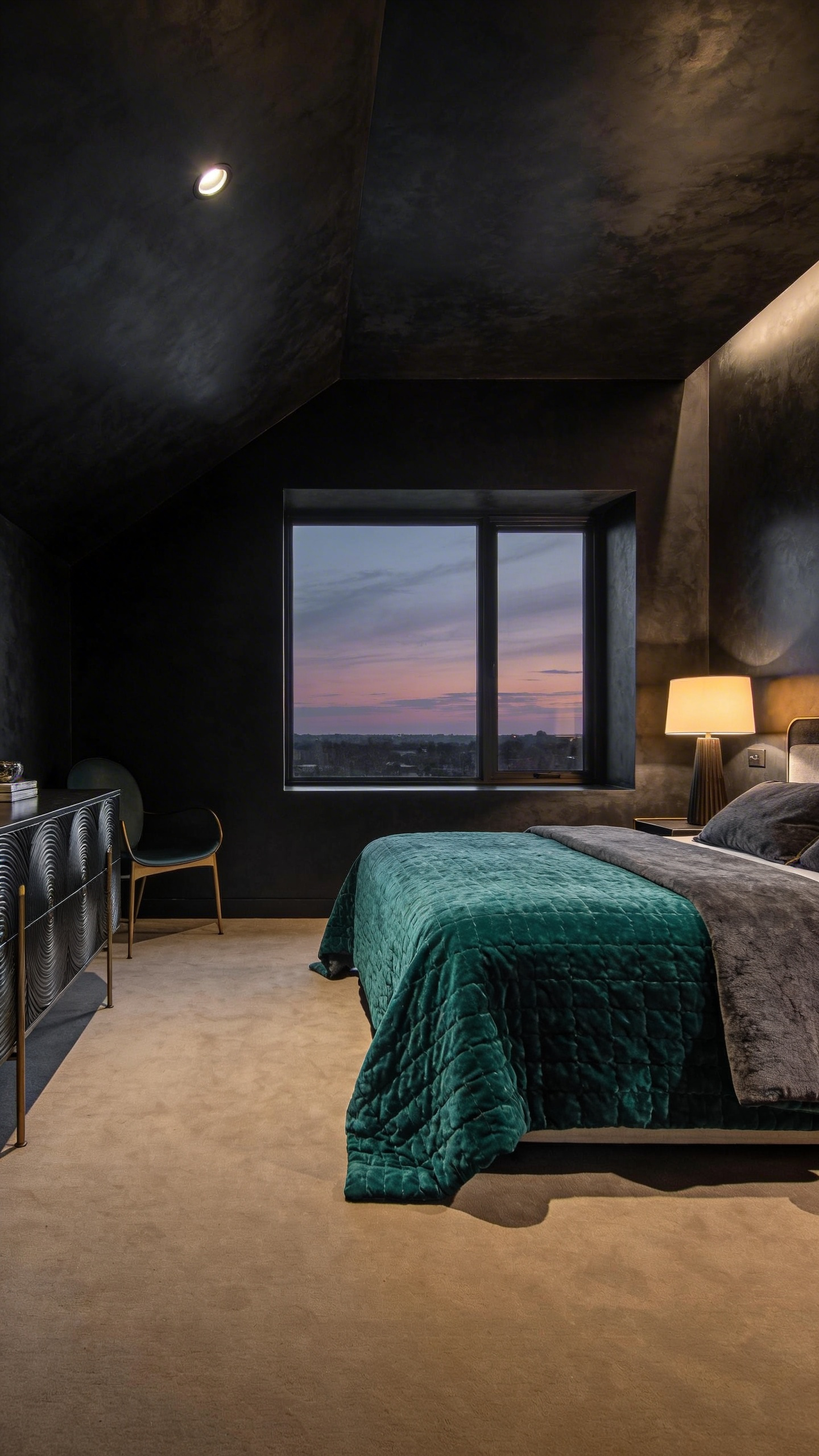 A master bedroom featuring a deep charcoal grey wall and ceiling bulkhead that blends structural elements using dark saturated paint.