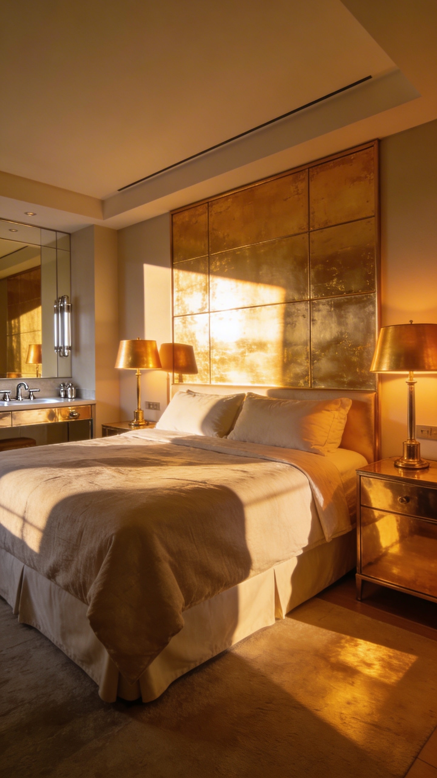 A master bedroom makeover featuring warm brass and cool nickel accents reflecting natural sunlight.
