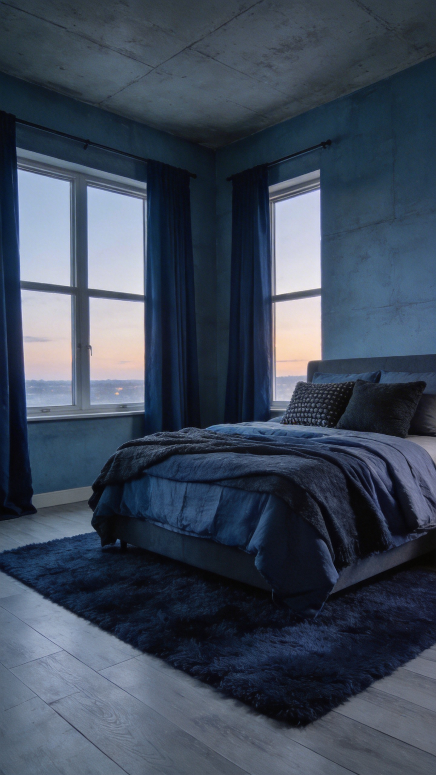A serene bedroom featuring desaturated slate blue walls and indigo-grey bedding to promote a restful environment.