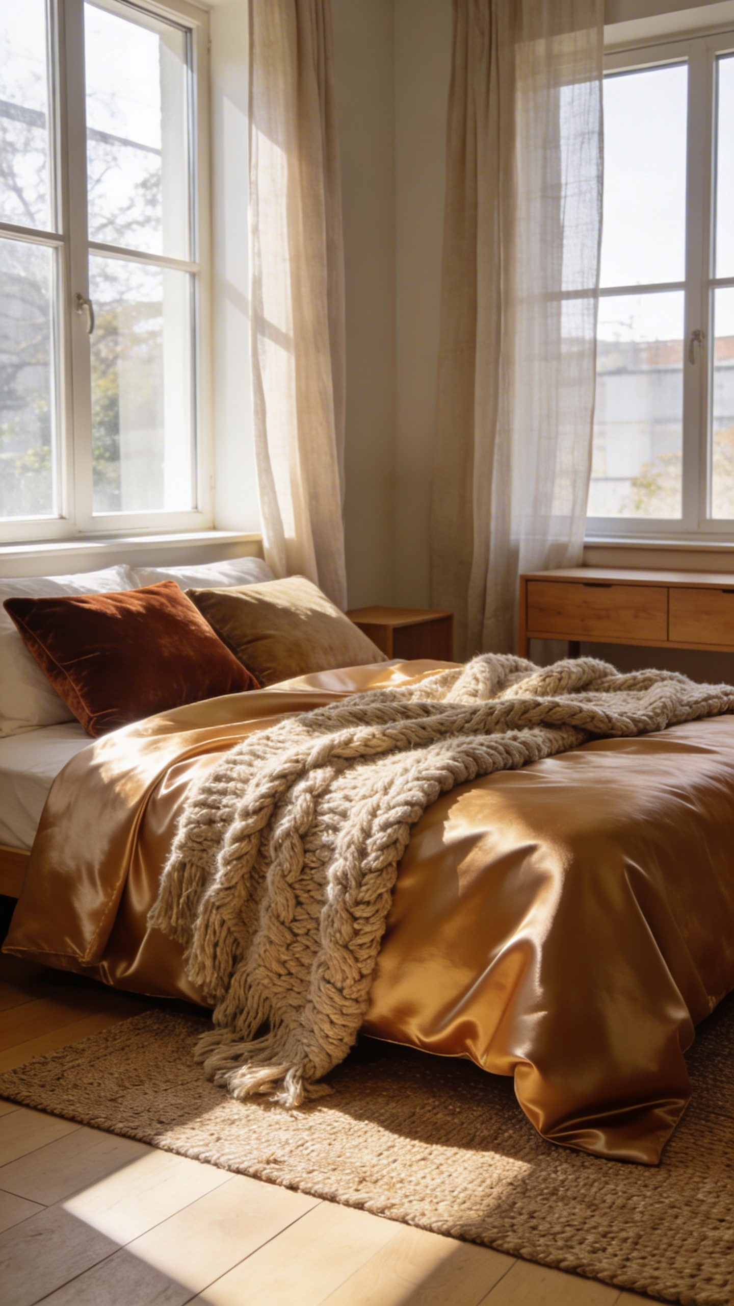 A master bedroom designed for sensory comfort with silk sheets, a knit throw blanket, and velvet accents in a brightly lit modern space.