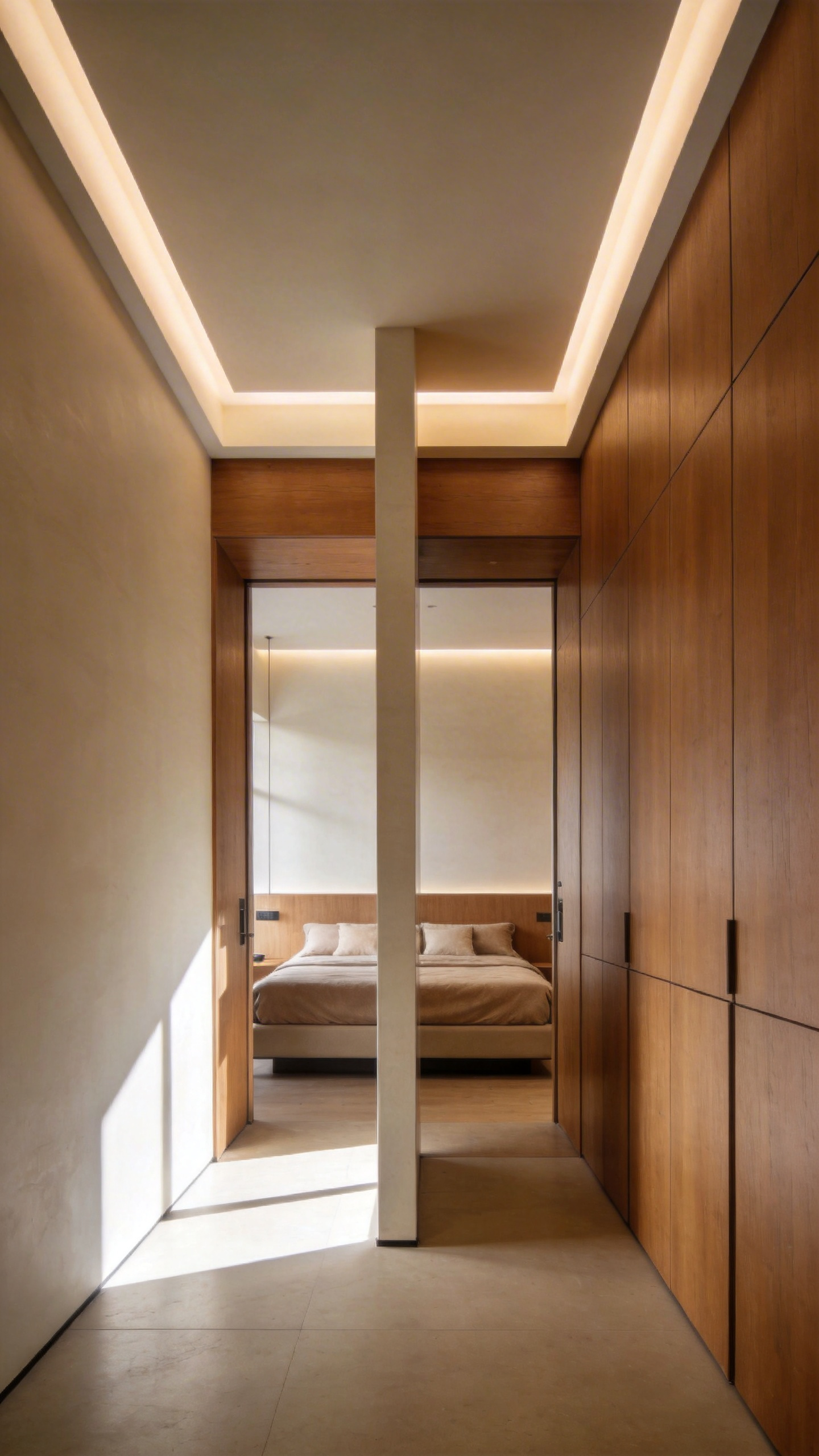 A modern bedroom interior featuring a new structural partition wall and integrated storage to create a private sleeping sanctum.