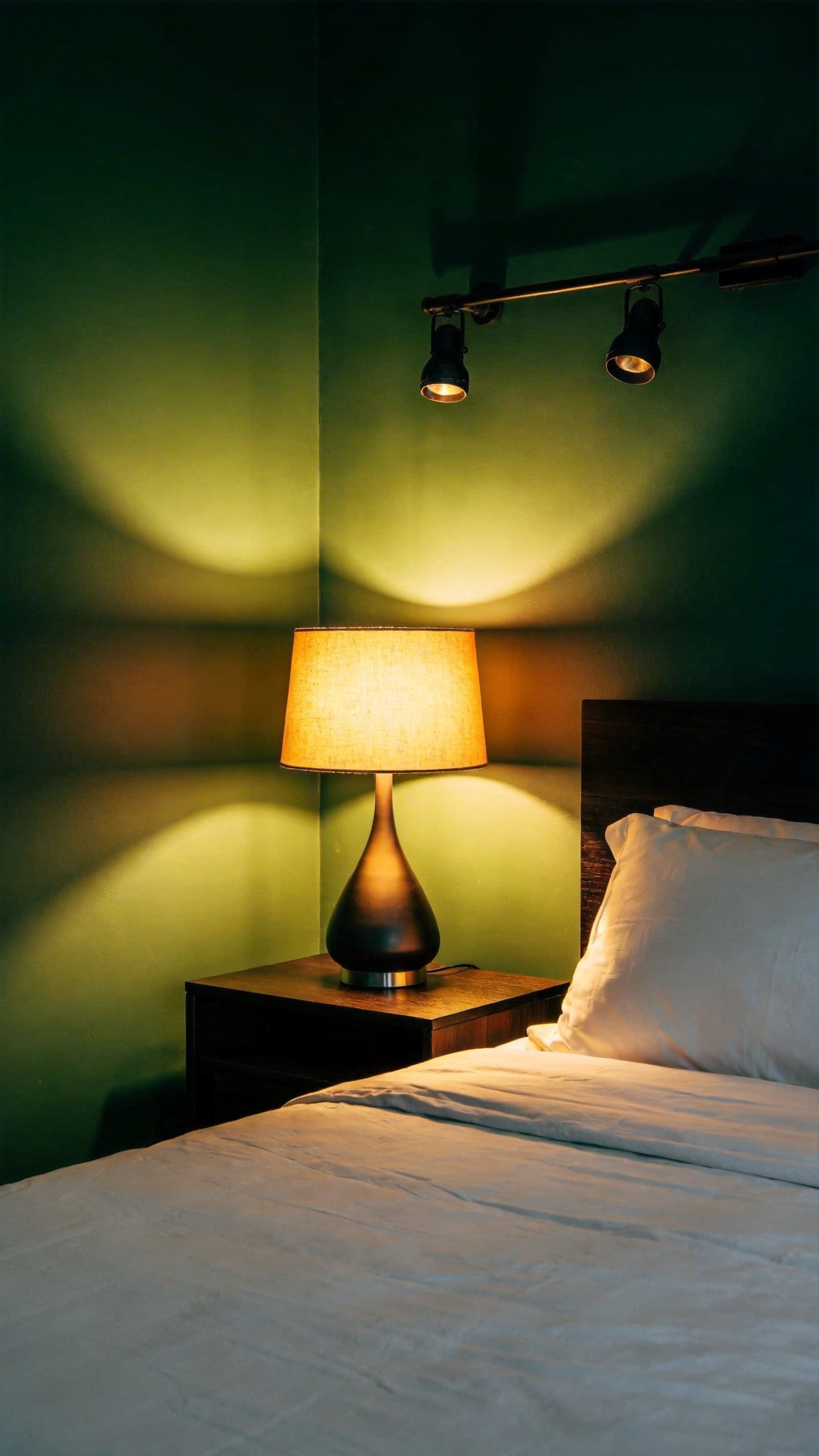 A high-quality photograph of a dimly lit bedroom wall painted in a rich sage green. A low-CRI lamp casts a flat, dull amber light on one section, contrasting sharply with the remaining wall area where high-CRI light reveals the true, deep saturation and complexity of the paint color.