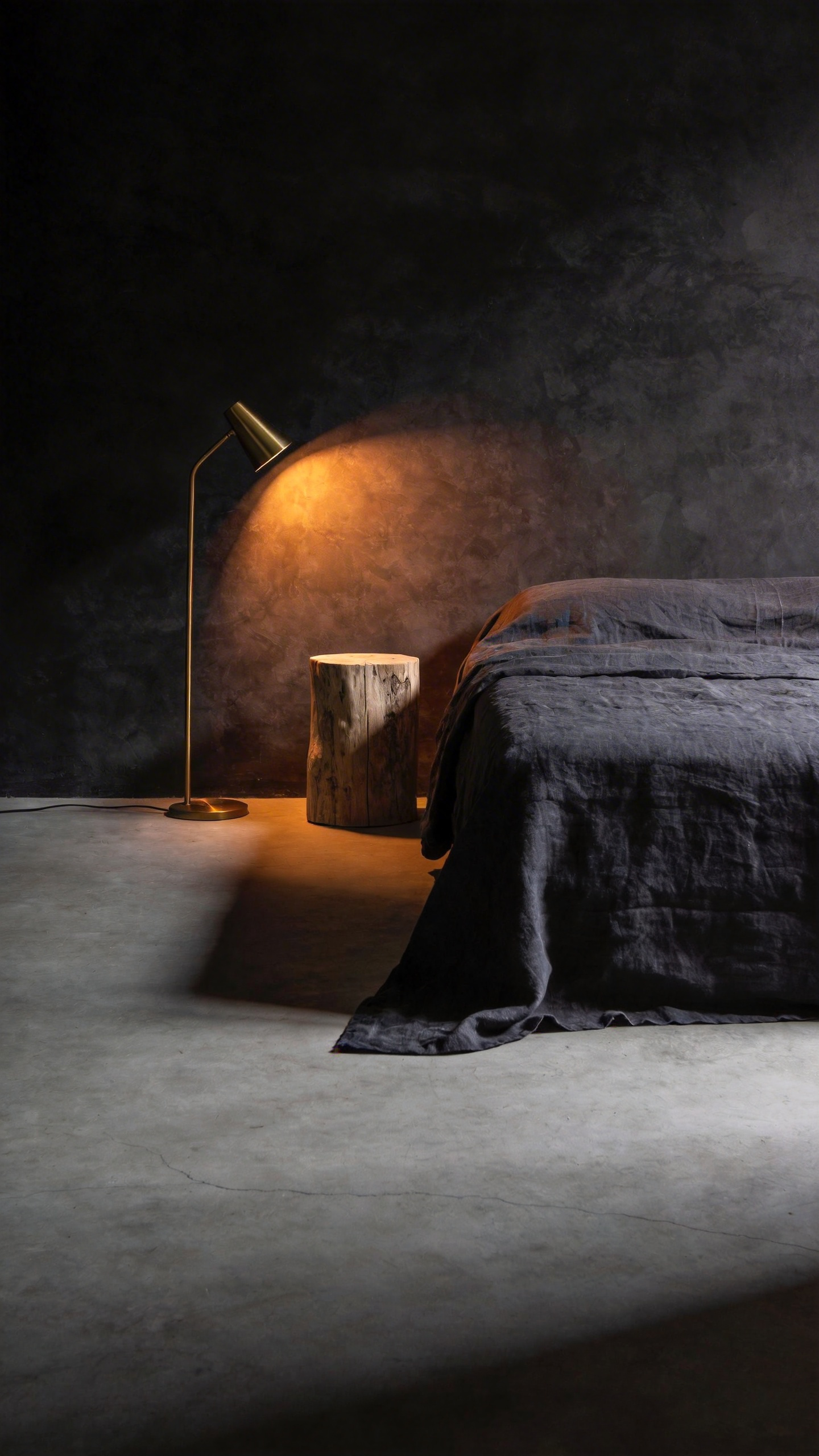 A modern bedroom dimly lit by a single, warm floor lamp, demonstrating the dramatic effect of shadow play where most of the room is enveloped in deep, velvety darkness to create intimacy and architectural depth.