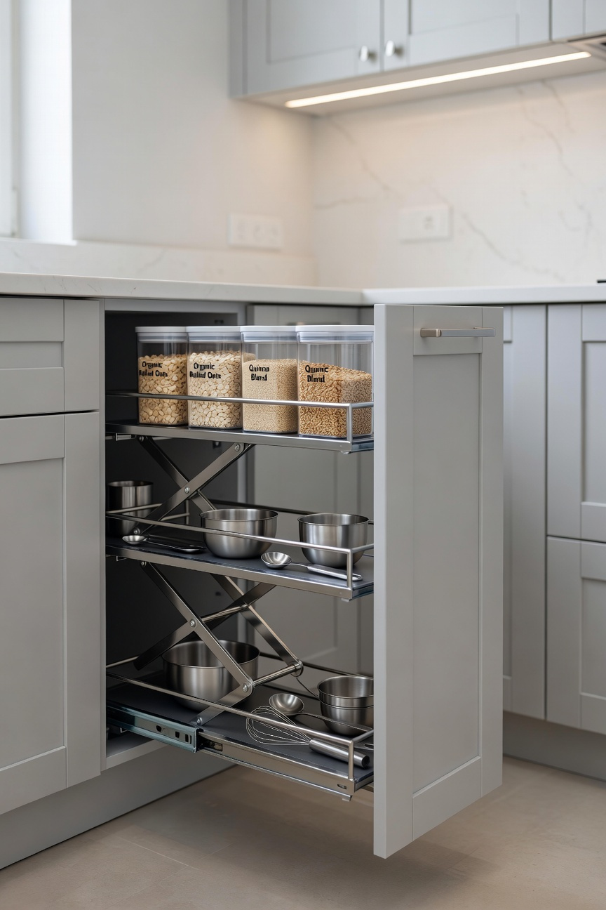 A modern kitchen featuring a fully extended, two-tiered Le Mans blind corner pull-out system maximizing accessible storage space.