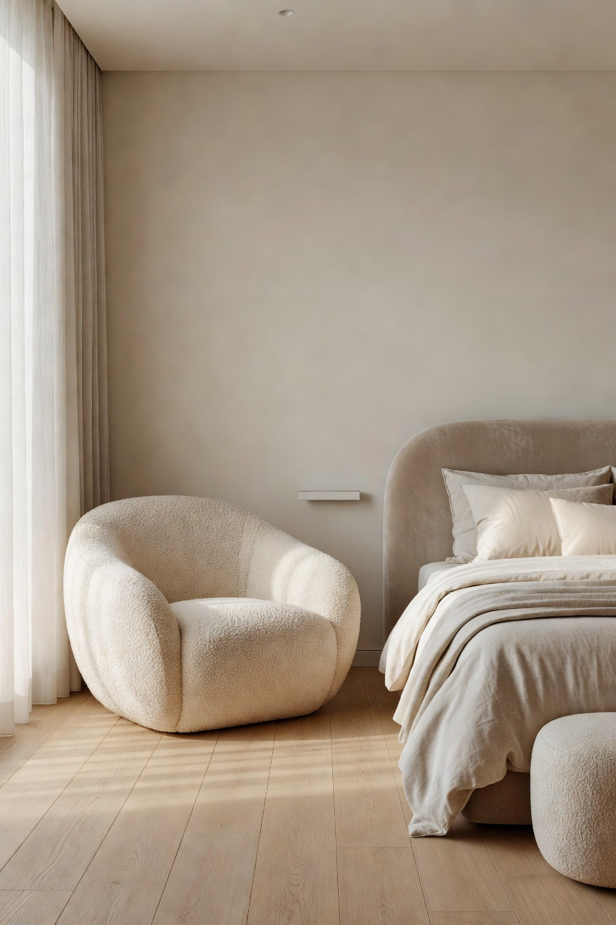 A modern bedroom interior featuring a curved cream bouclé armchair and a taupe velvet headboard, illustrating soft architecture principles for bedroom furniture inspiration.