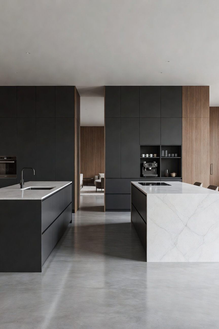 A photograph of a Broken L-Shape modern kitchen layout featuring matte grey cabinetry, a quartz island, and a wide wooden walkway intentionally separating the kitchen zones to reduce visual clutter while maintaining open concept flow.