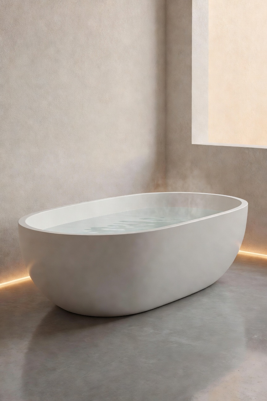A modern, minimalist bathroom featuring a solid, thick-walled, freestanding matte white cast stone resin bathtub emphasizing structural stability and high-quality material composition.