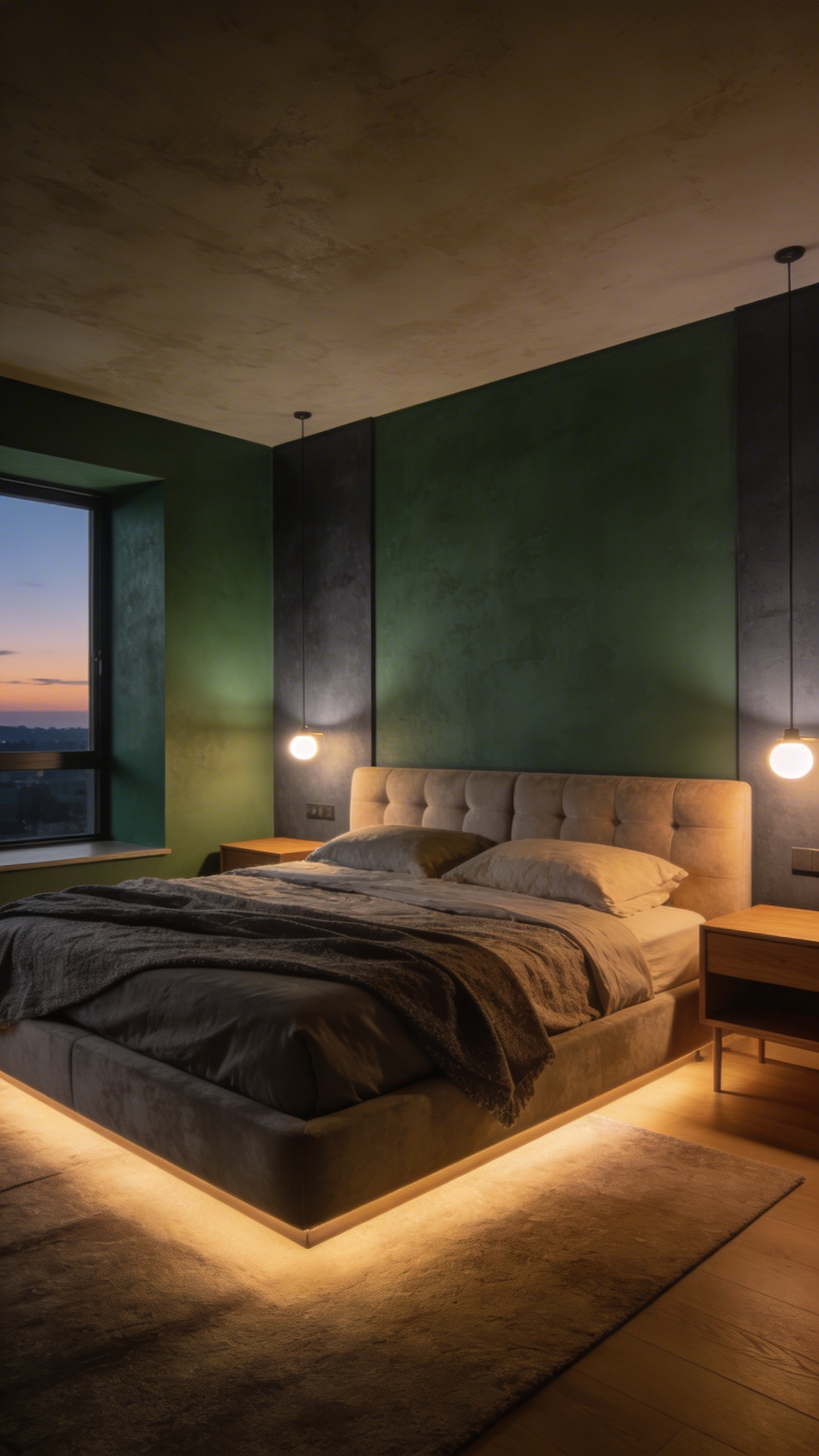 A modern bedroom with sage green walls illuminated by warm smart circadian lighting to show the interaction between light temperature and paint color.
