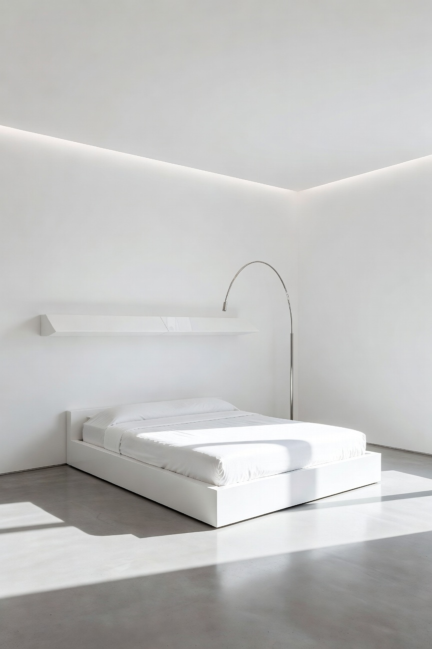 A photograph of an extremely cold, stark white minimalist bedroom interior with polished concrete floors and high-contrast, sharp lighting, illustrating the concept of sterile, high-chroma minimalism.