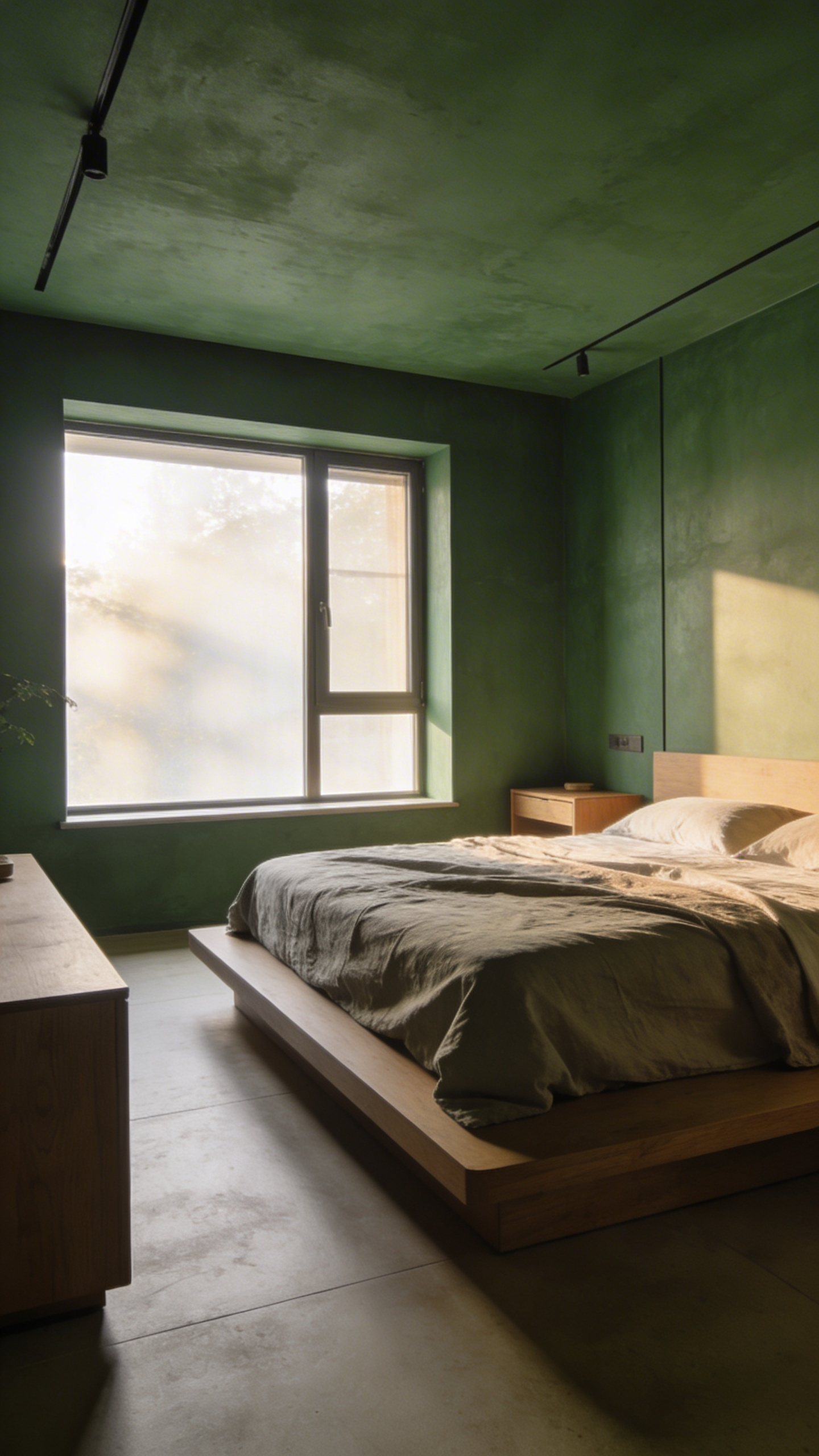 A color-drenched bedroom with walls and ceiling painted in a matching muted forest green to create a calming and seamless interior design.