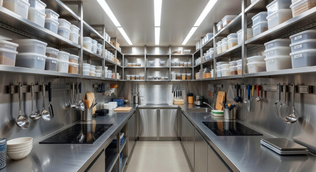 Highly organized, compact commercial kitchen galley featuring stainless steel surfaces, modular shelving, and professional tools, illustrating efficient small kitchen storage and workflow design.