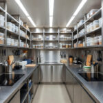 Highly organized, compact commercial kitchen galley featuring stainless steel surfaces, modular shelving, and professional tools, illustrating efficient small kitchen storage and workflow design.