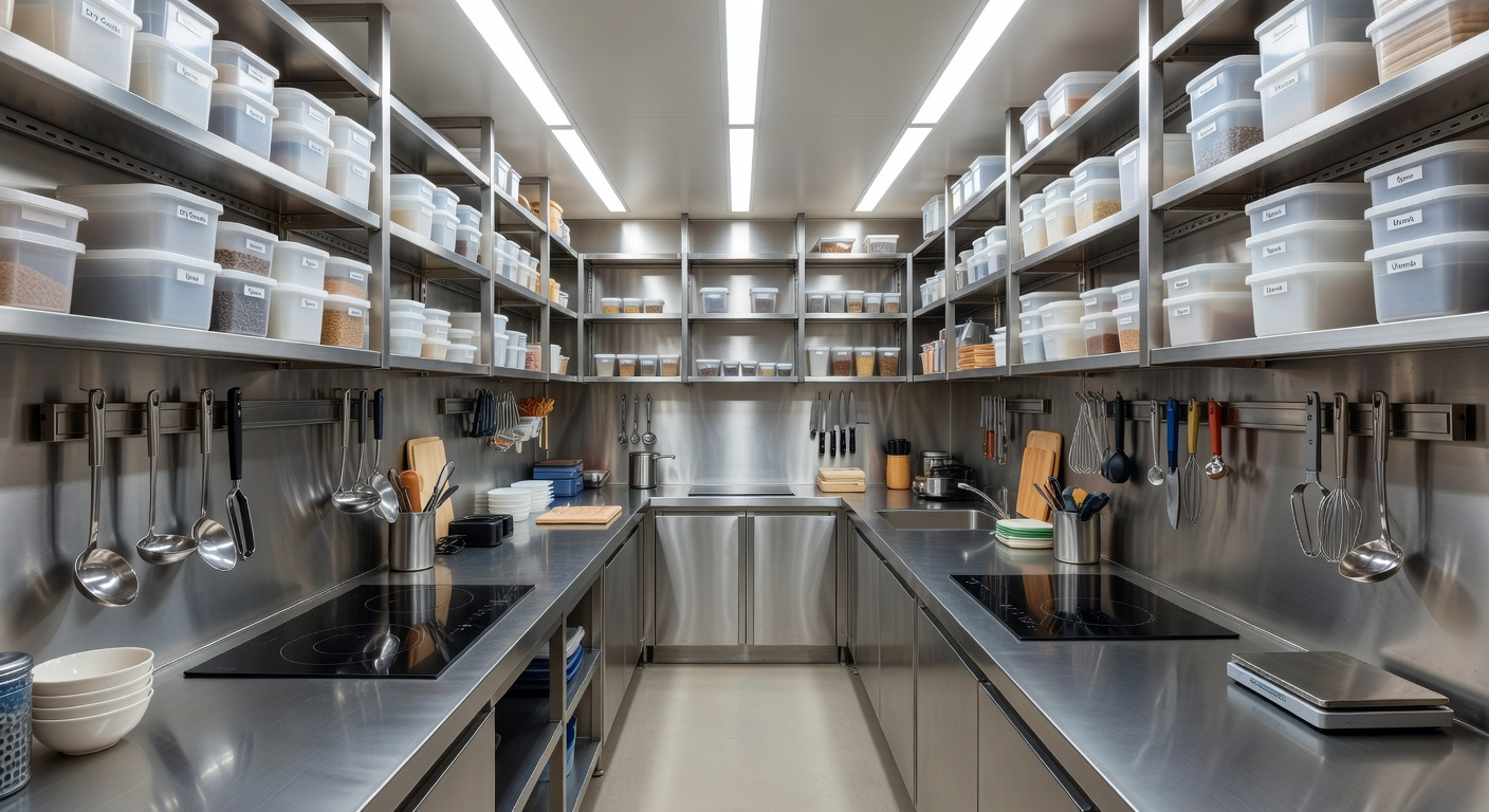 Highly organized, compact commercial kitchen galley featuring stainless steel surfaces, modular shelving, and professional tools, illustrating efficient small kitchen storage and workflow design.