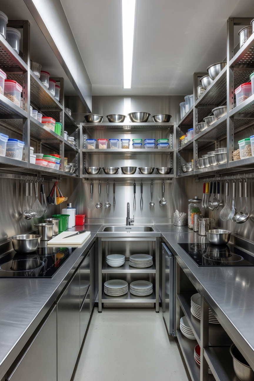 Highly organized, compact commercial kitchen galley featuring stainless steel surfaces, modular shelving, and professional tools, illustrating efficient small kitchen storage and workflow design.