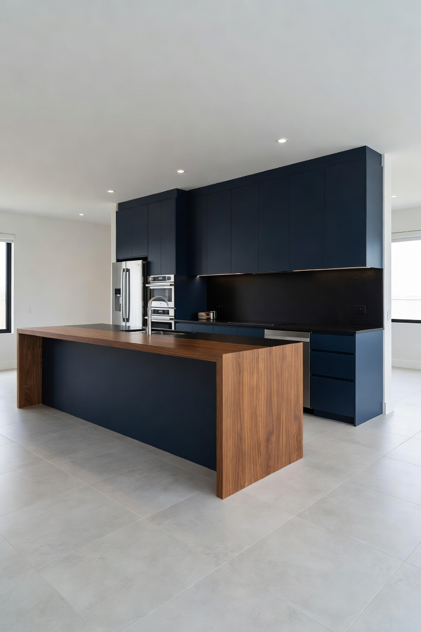 A wide, professional photograph of a modern residential Elevated Galley kitchen featuring a split-level counter designed to separate the lower working surface from the higher social bar top, connecting the kitchen to the open living space.