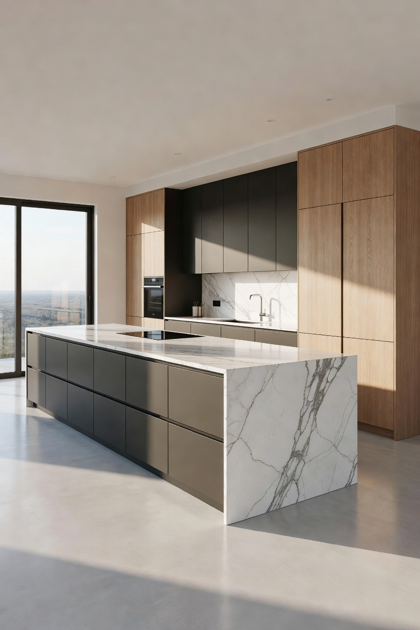 Open concept modern kitchen featuring a linear, five-zone ergonomic layout with a large quartz waterfall island, matte gray cabinets, and light oak integrated pantry units, emphasizing workflow efficiency.
