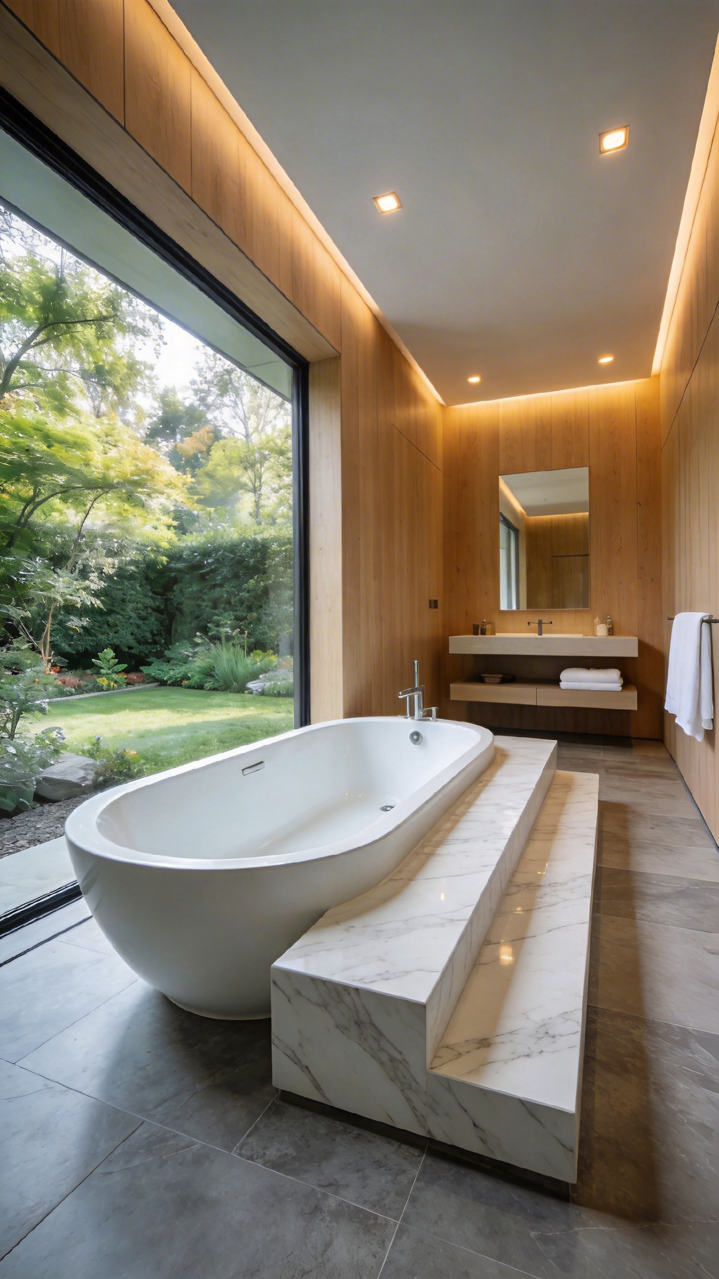A high-end modern bathroom featuring an ergonomic white soaking tub with a wide marble transfer deck and large windows overlooking greenery.