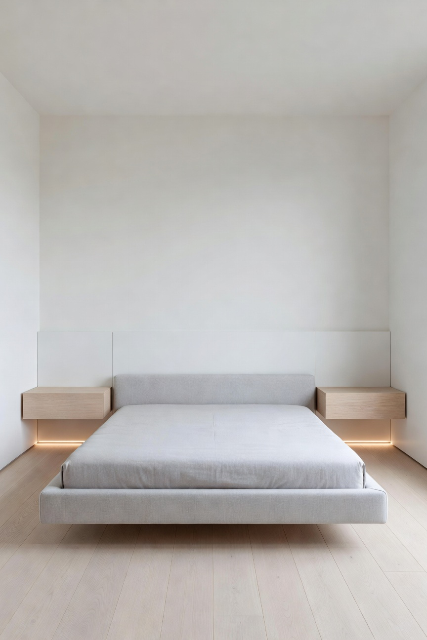 Modern minimalist bedroom featuring a floating platform bed and cantilevered white oak nightstands that expose the pale wood floor, emphasizing spatial flow and visual lightness.
