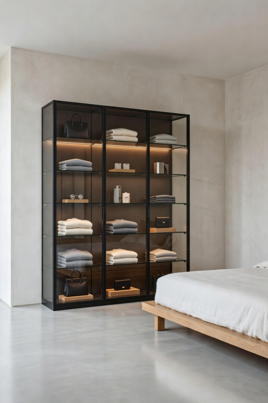 A modern bedroom featuring a large, illuminated, glass-front armoire used as a gallery display case for curated designer clothing and accessories treated as works of art.