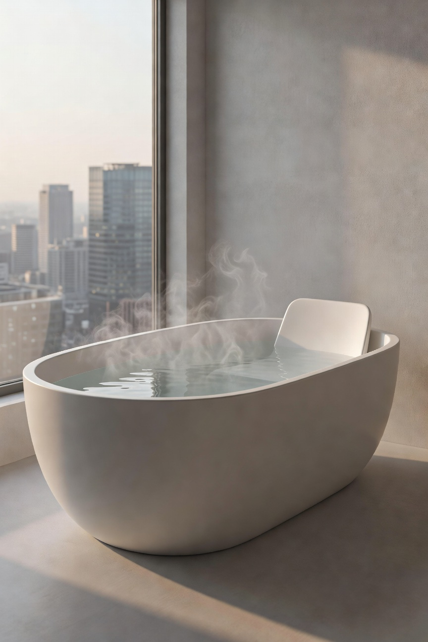 A minimalist, deep soaking tub with a visible integrated bench seat, set in a modern urban bathroom with soft, diffused daylight.