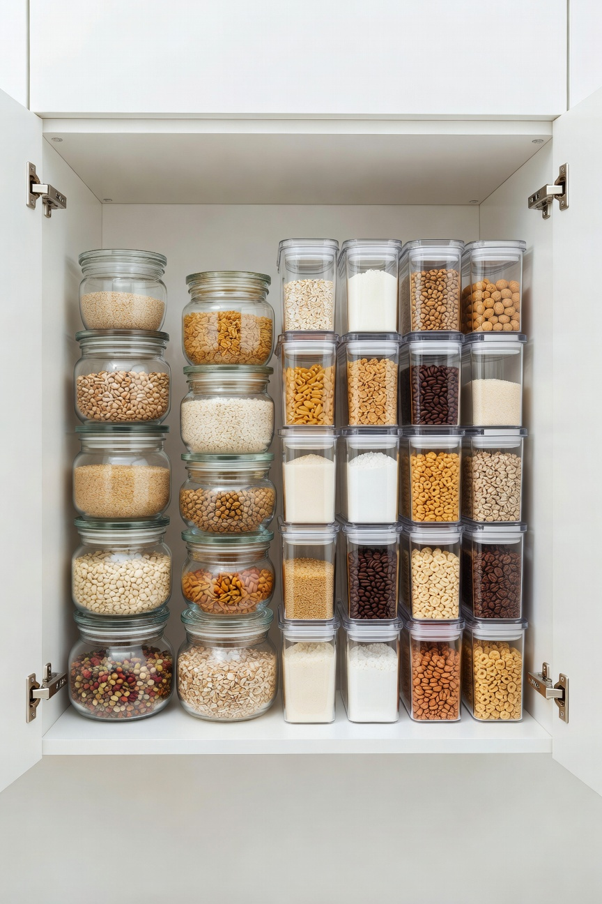 A highly organized white pantry shelf contrasting round and square storage containers, demonstrating how square canisters eliminate air gaps for maximum storage density in a small kitchen.