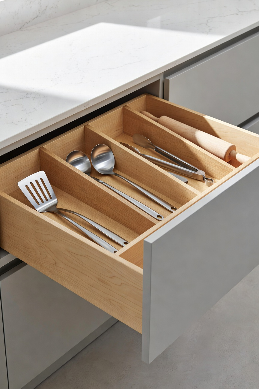 A photograph of a partially open kitchen drawer featuring custom diagonal wood dividers efficiently storing long kitchen tools like a rolling pin and spatulas, demonstrating maximized spatial density for small kitchen storage.