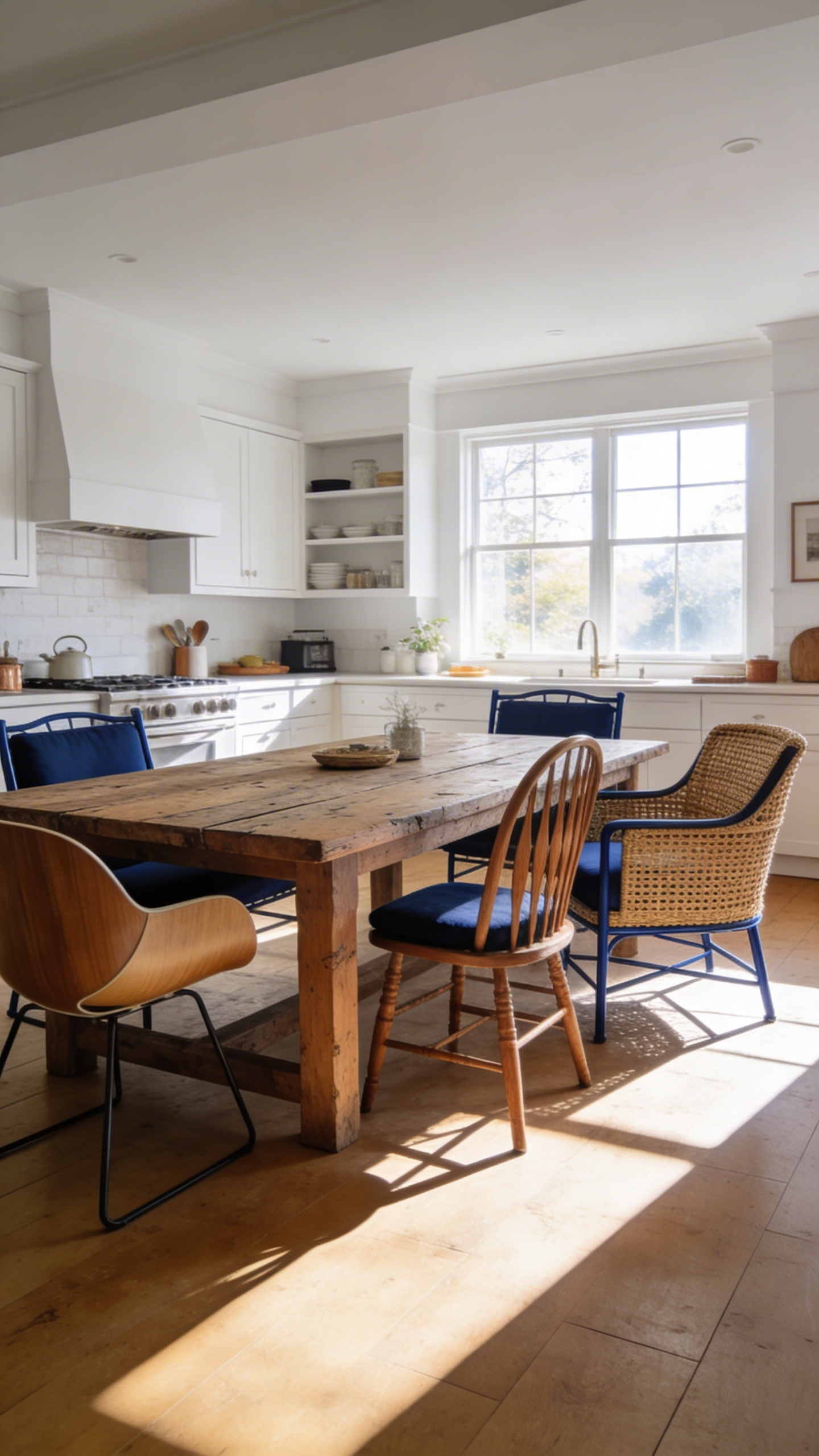 An eclectic kitchen dining area showing a wooden table surrounded by mismatched chairs in various styles unified by a navy blue color theme.