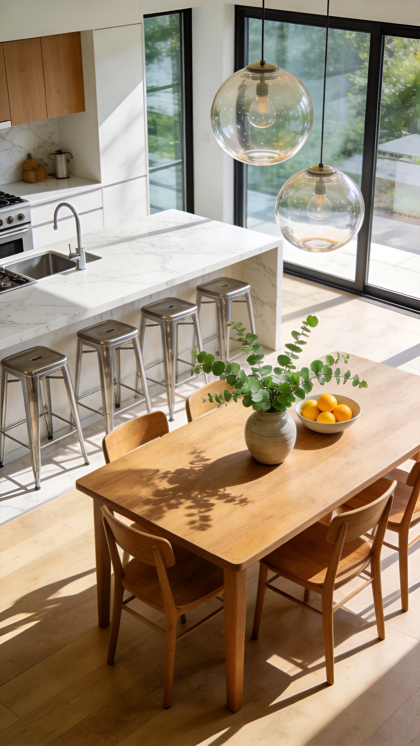 A modern kitchen design featuring a marble island with tall bar stools joined to a lower wooden dining table with standard chairs to show high-low dynamics.