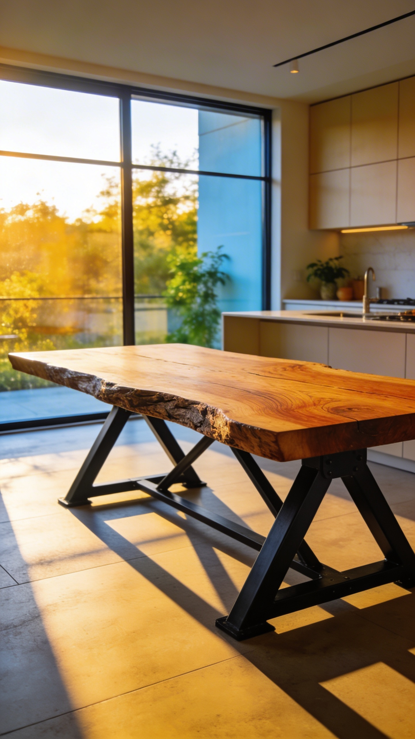 A modern kitchen dining area featuring a heavy heirloom wood table with an industrial metal base in a sunlit room.
