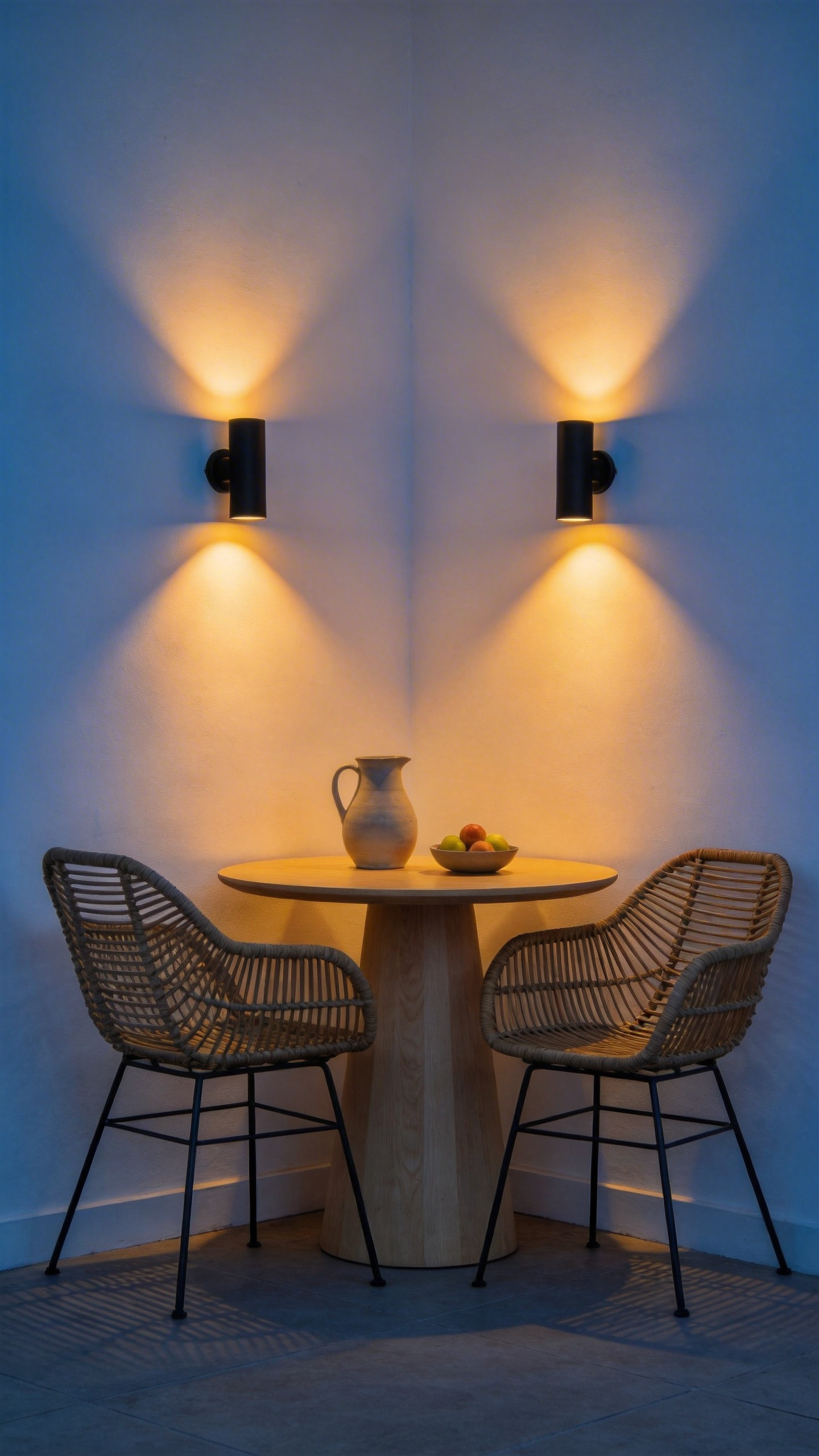 A compact kitchen breakfast nook featuring a round wooden table and two chairs illuminated by warm wall-mounted sconces in a cozy corner.
