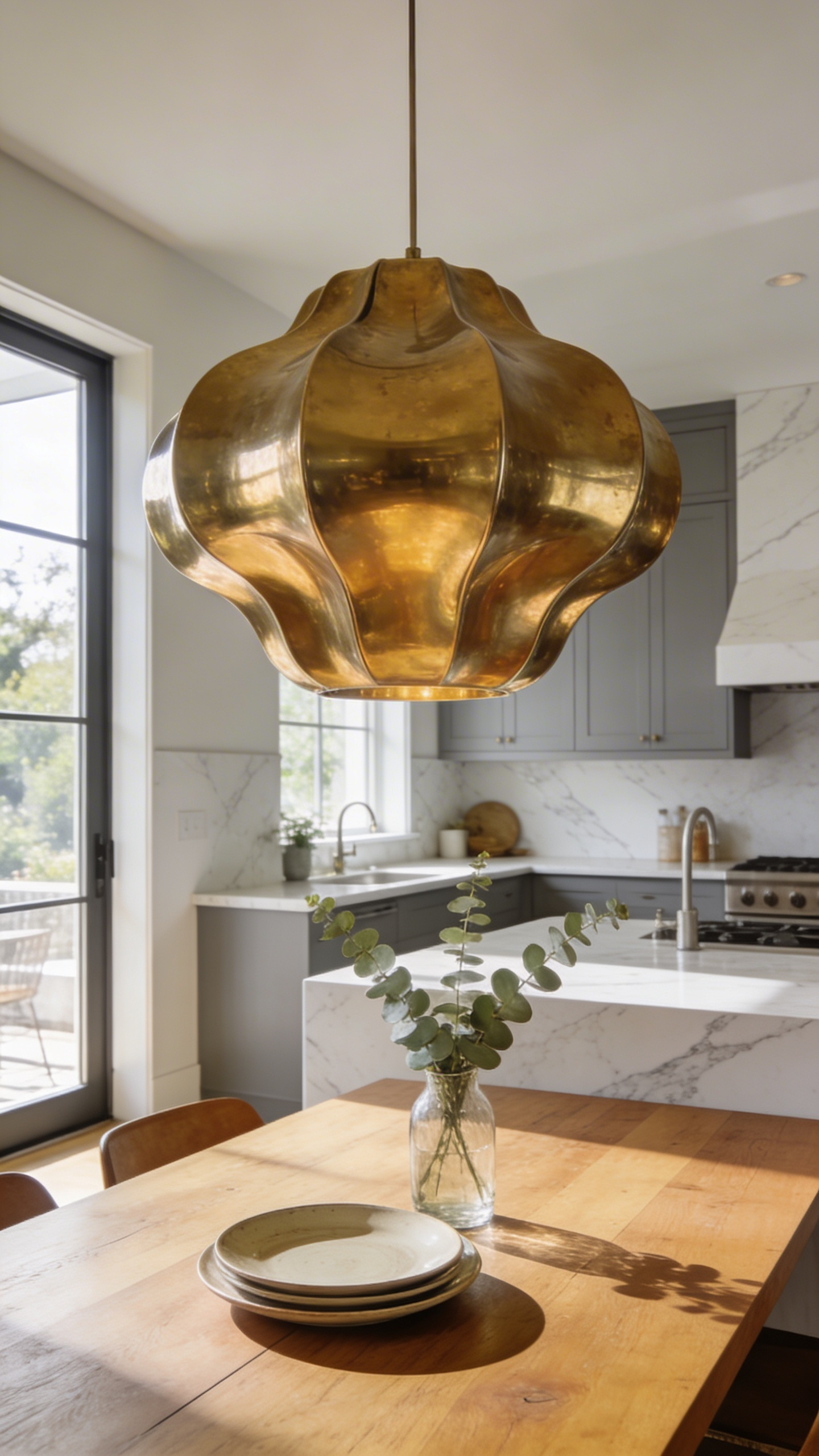 A large brass statement pendant light hanging over a modern oak kitchen table in an open-concept living space.