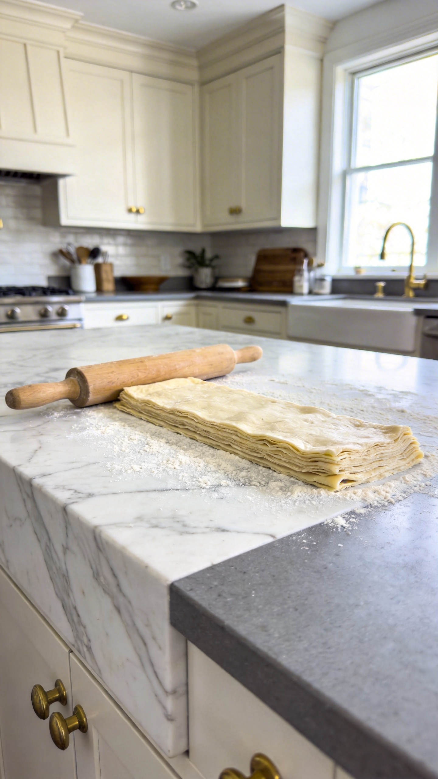 A spacious kitchen island featuring integrated marble and quartz surfaces with pastry dough and baking accessories.