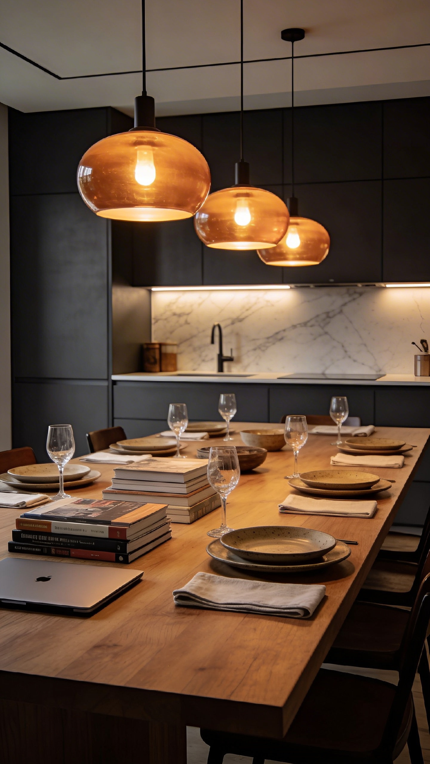A modern kitchen table featuring warm-dim lighting transitioned from a homework station to an elegant dinner party setting with wine glasses and books.